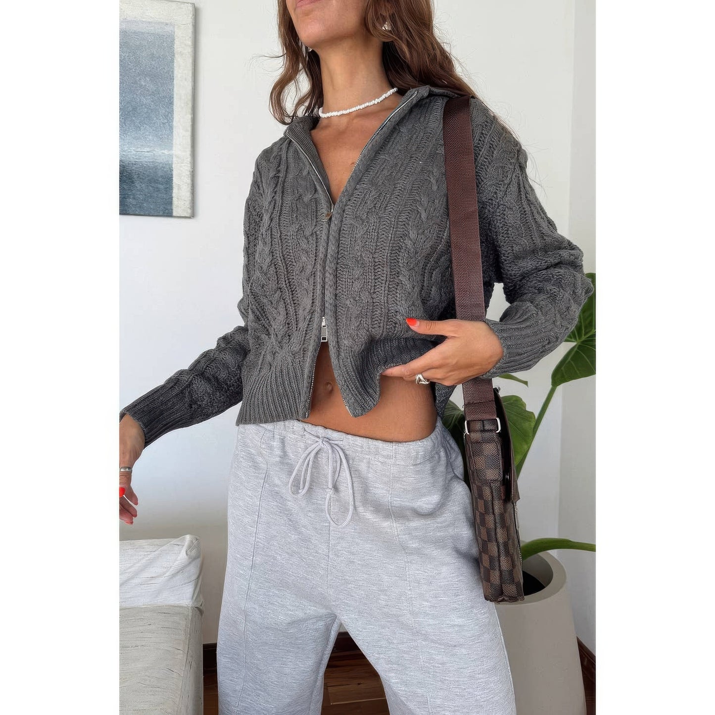 Solid Cable Knit Drop Shoulder Zipper Cardigan  Shop One Place