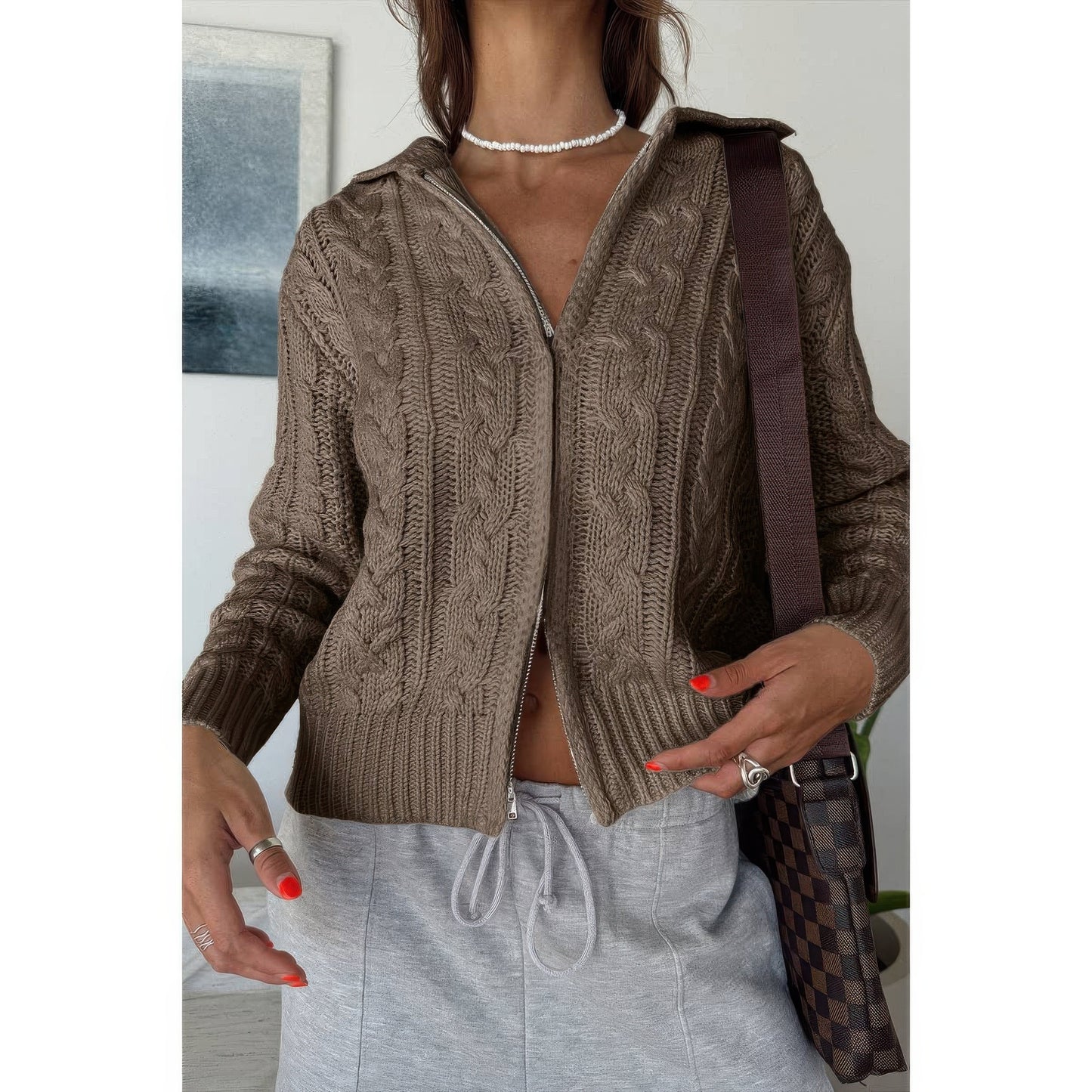 Solid Cable Knit Drop Shoulder Zipper Cardigan  Shop One Place