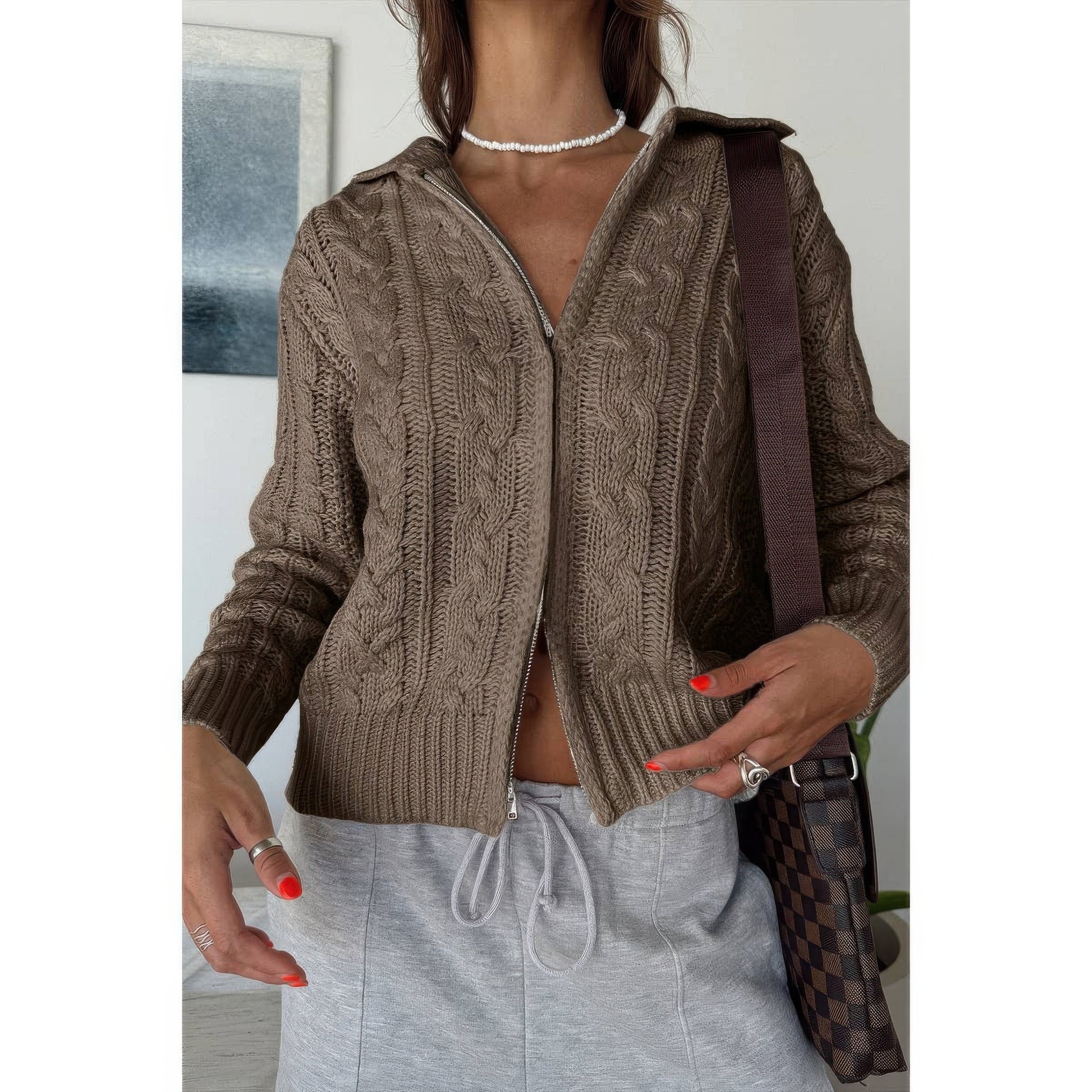 Solid Cable Knit Drop Shoulder Zipper Cardigan  Shop One Place