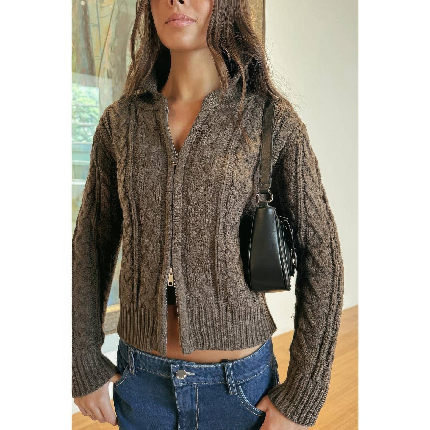 Solid Cable Knit Drop Shoulder Zipper Cardigan  Shop One Place