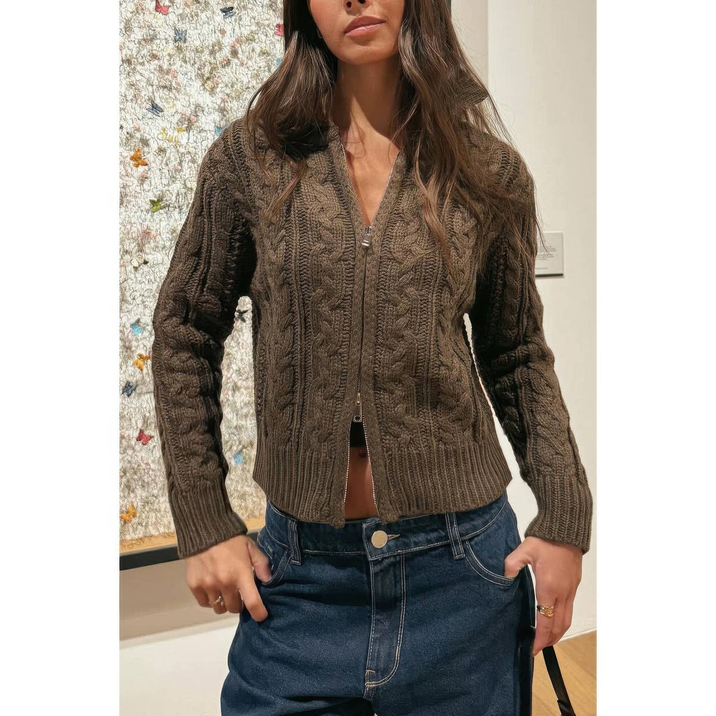 Solid Cable Knit Drop Shoulder Zipper Cardigan  Shop One Place