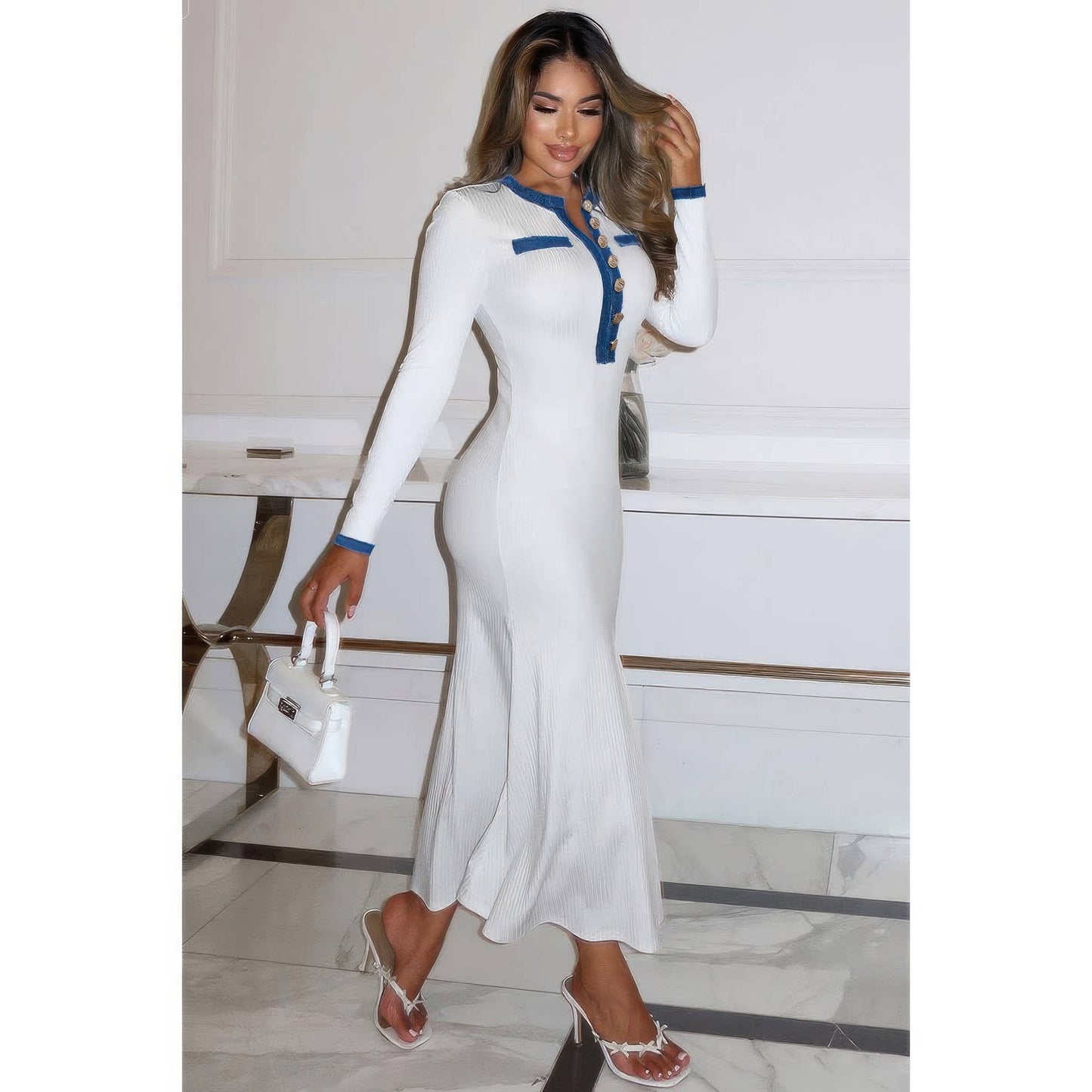 Contrast Trim Round Neck Long Sleeve Fit Dress  Shop One Place