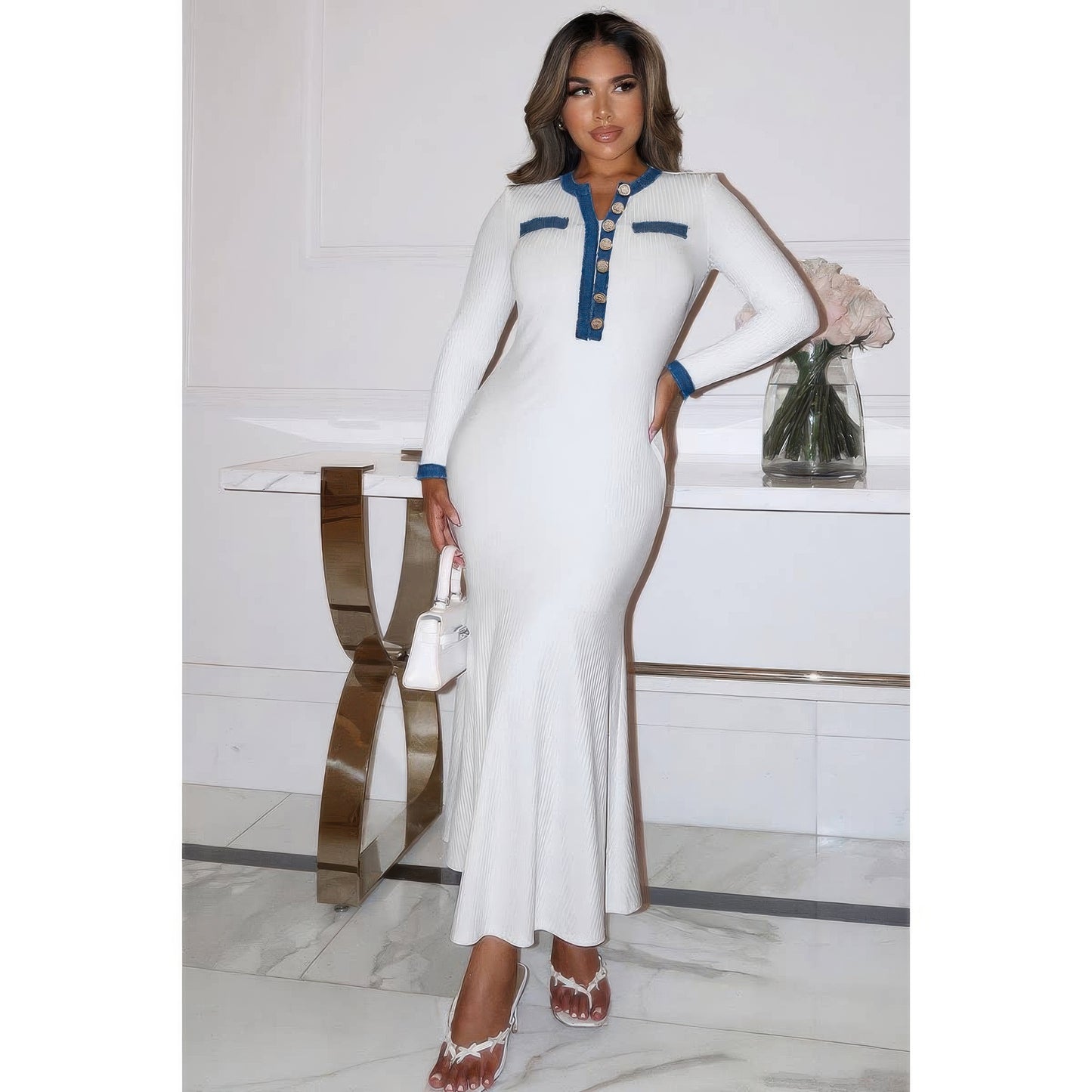 Contrast Trim Round Neck Long Sleeve Fit Dress  Shop One Place