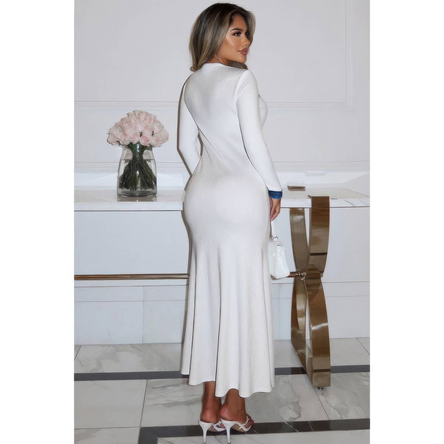 Contrast Trim Round Neck Long Sleeve Fit Dress  Shop One Place