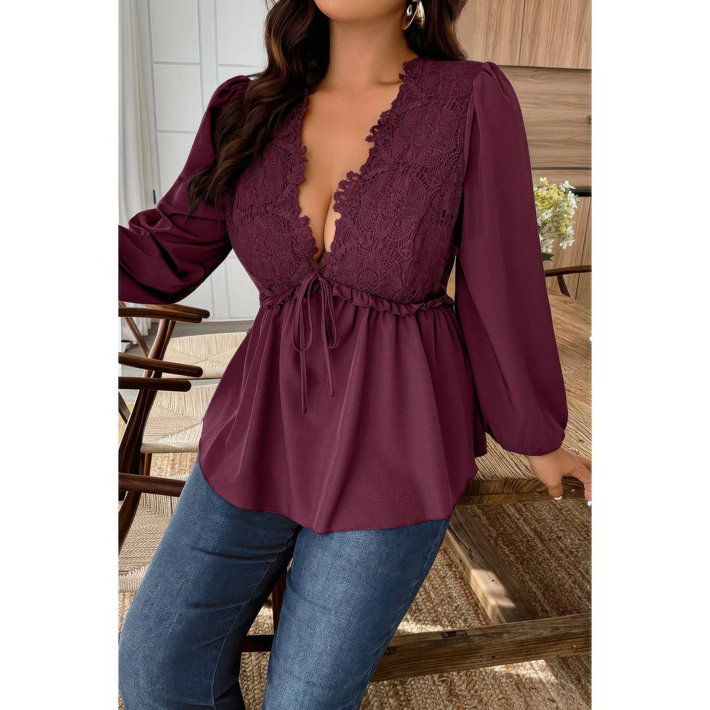 Plus Size Solid V Neck Lace Patchwork Shirt  Shop One Place