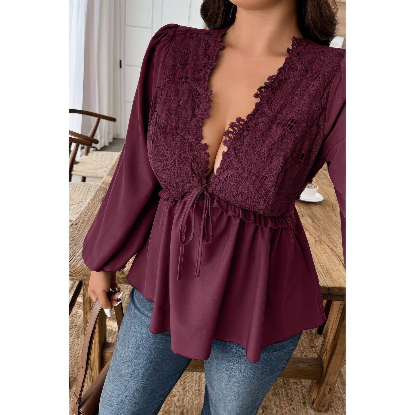 Plus Size Solid V Neck Lace Patchwork Shirt  Shop One Place