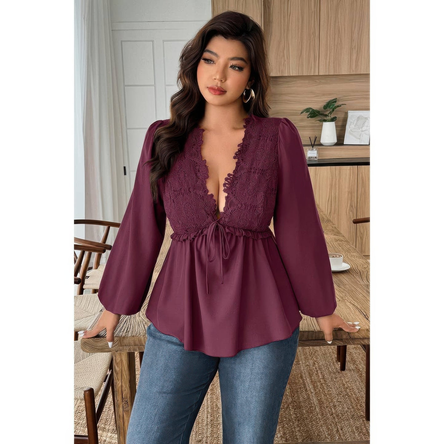 Plus Size Solid V Neck Lace Patchwork Shirt  Shop One Place