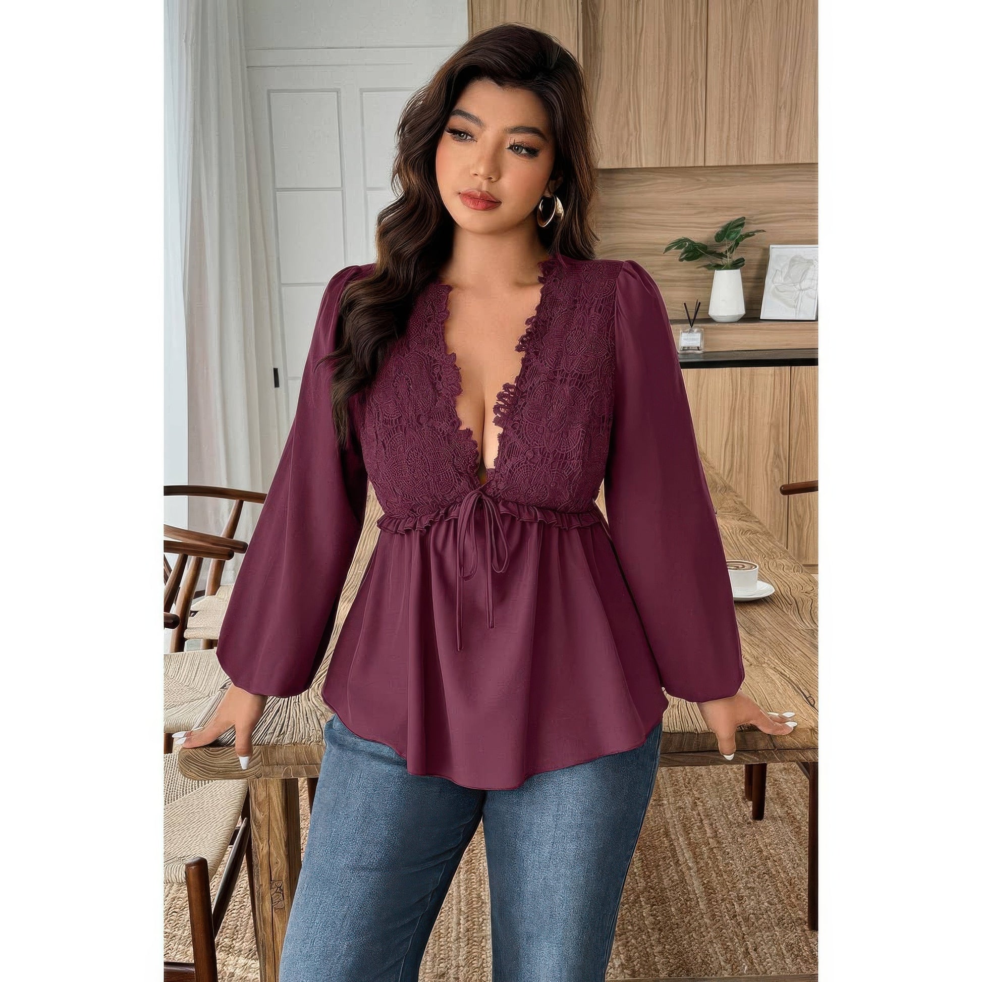 Plus Size Solid V Neck Lace Patchwork Shirt  Shop One Place