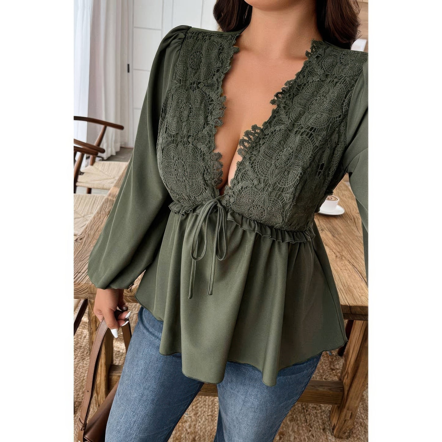 Plus Size Solid V Neck Lace Patchwork Shirt  Shop One Place