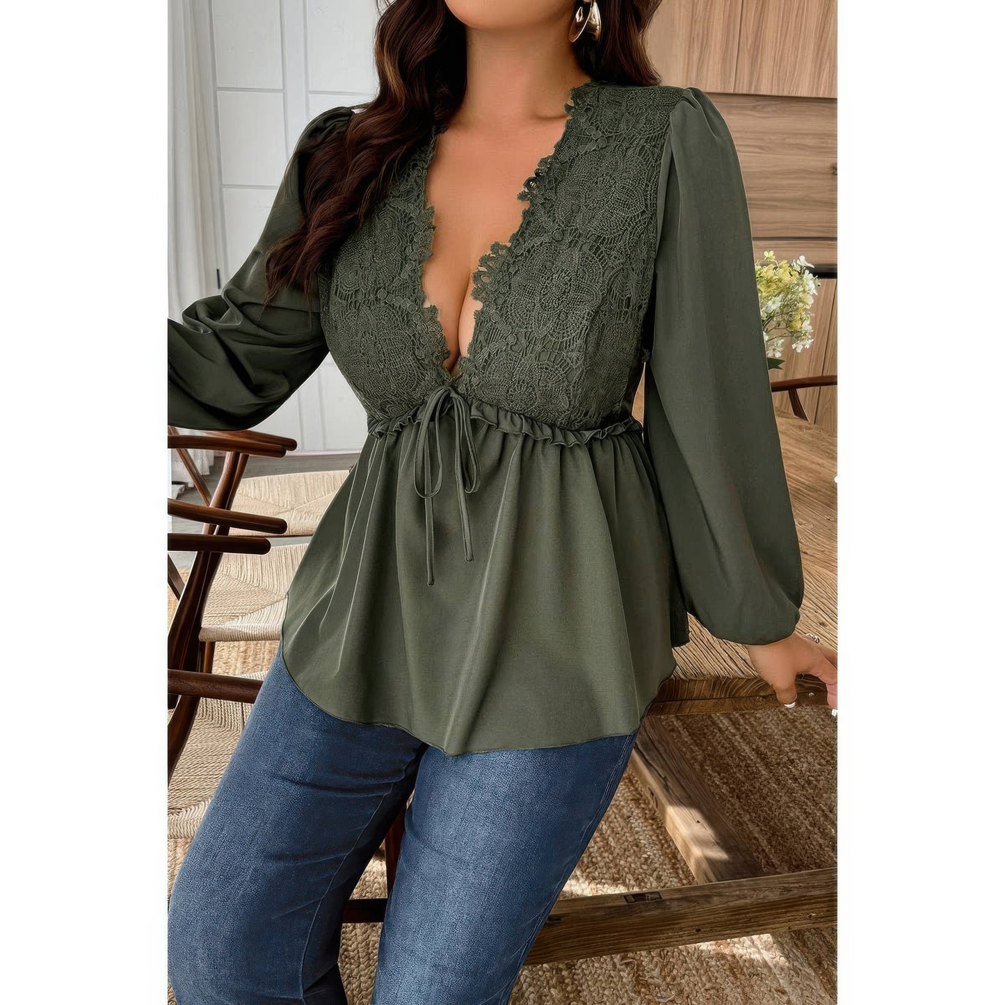 Plus Size Solid V Neck Lace Patchwork Shirt  Shop One Place