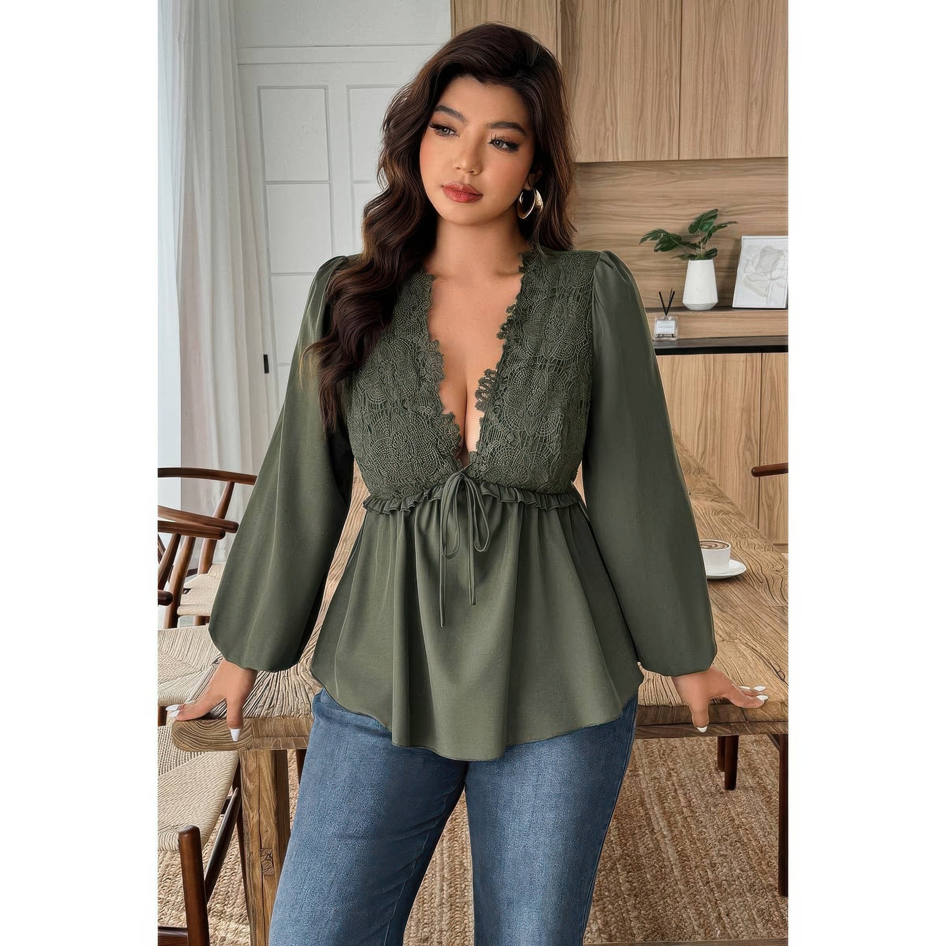Plus Size Solid V Neck Lace Patchwork Shirt  Shop One Place