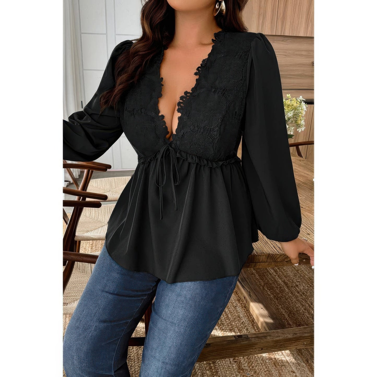 Plus Size Solid V Neck Lace Patchwork Shirt  Shop One Place