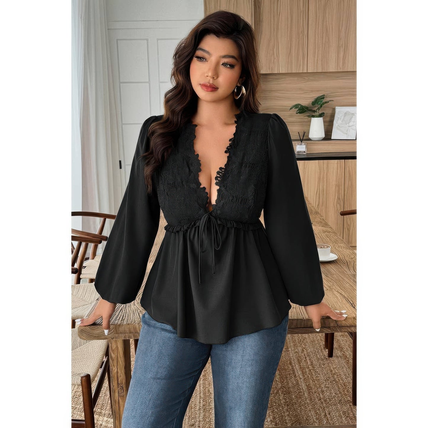 Plus Size Solid V Neck Lace Patchwork Shirt  Shop One Place