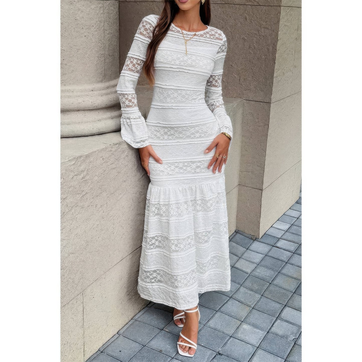 Lace Mermaid Round Neck Solid Maxi Dress  Shop One Place