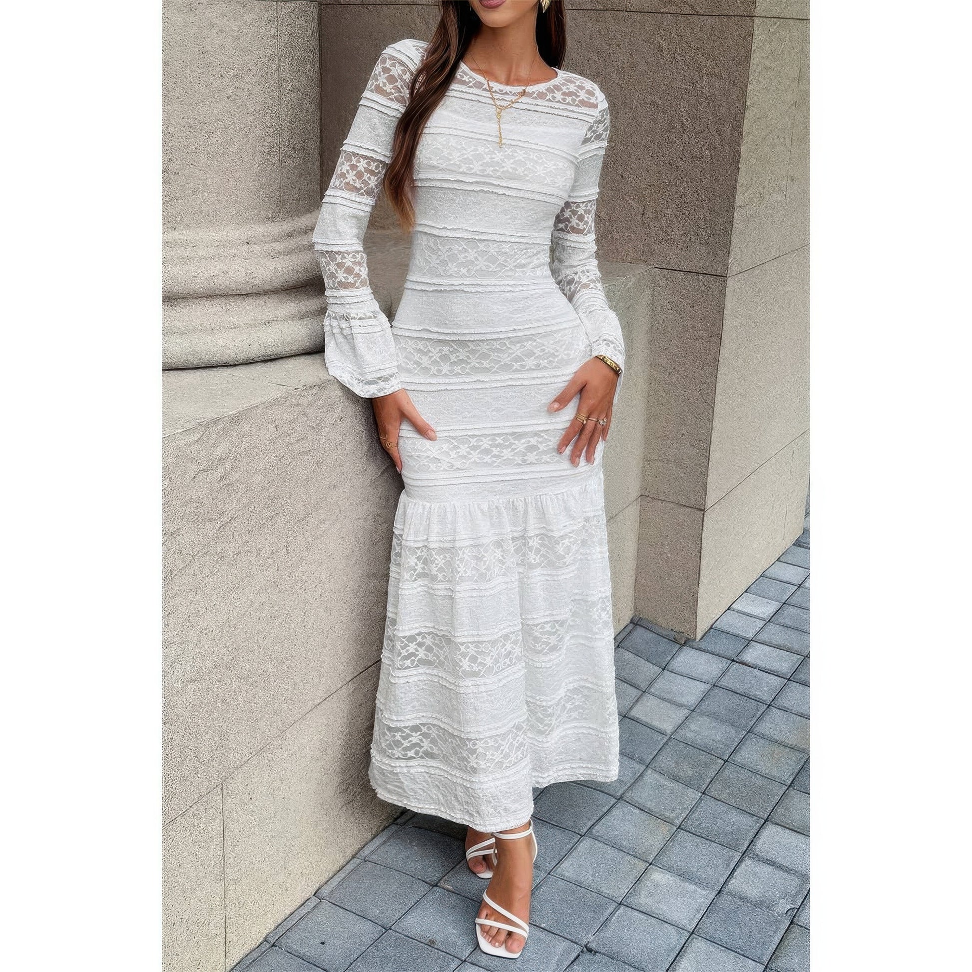 Lace Mermaid Round Neck Solid Maxi Dress  Shop One Place