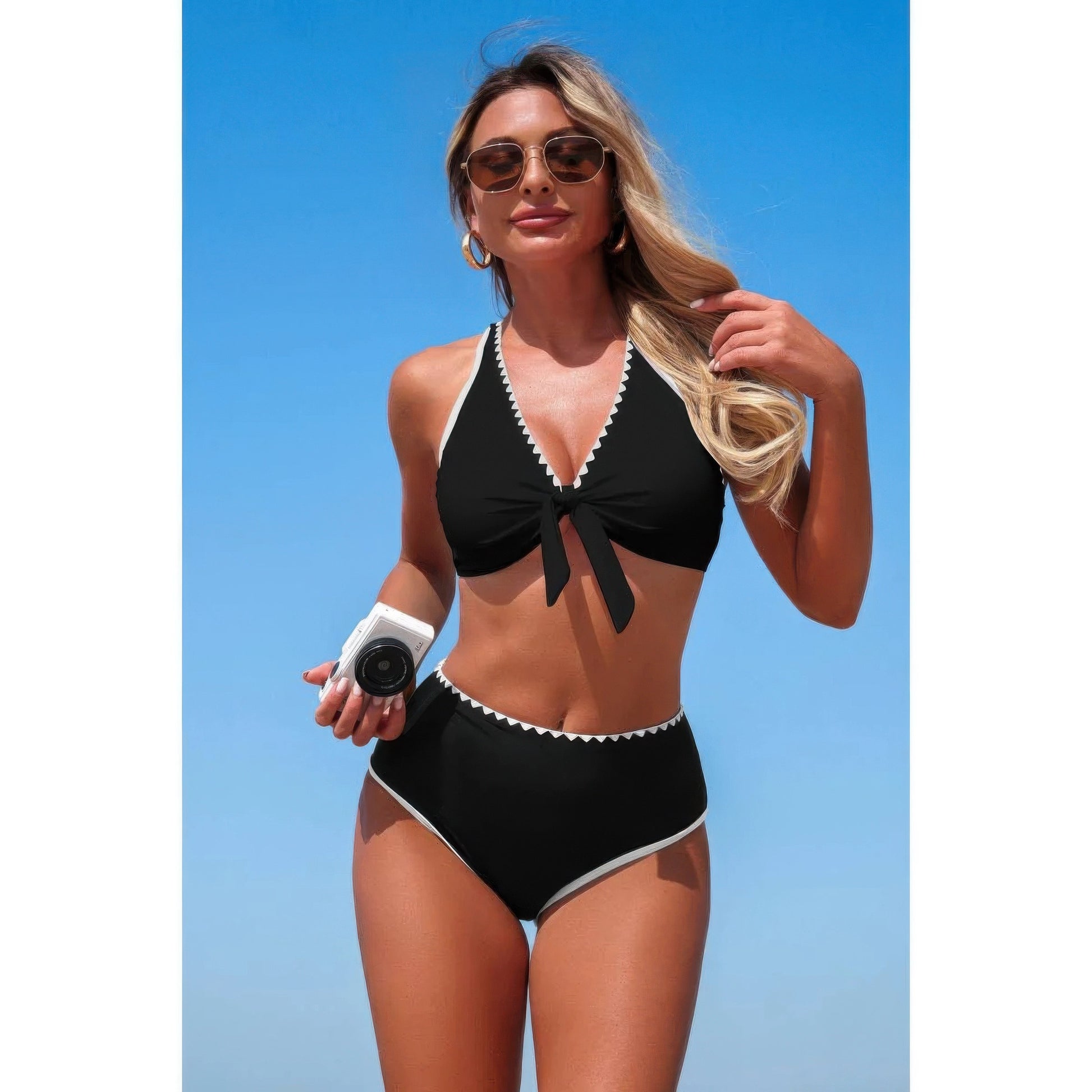 Two Piece Tie Knot Contrast High Waisted Bikini  Shop One Place
