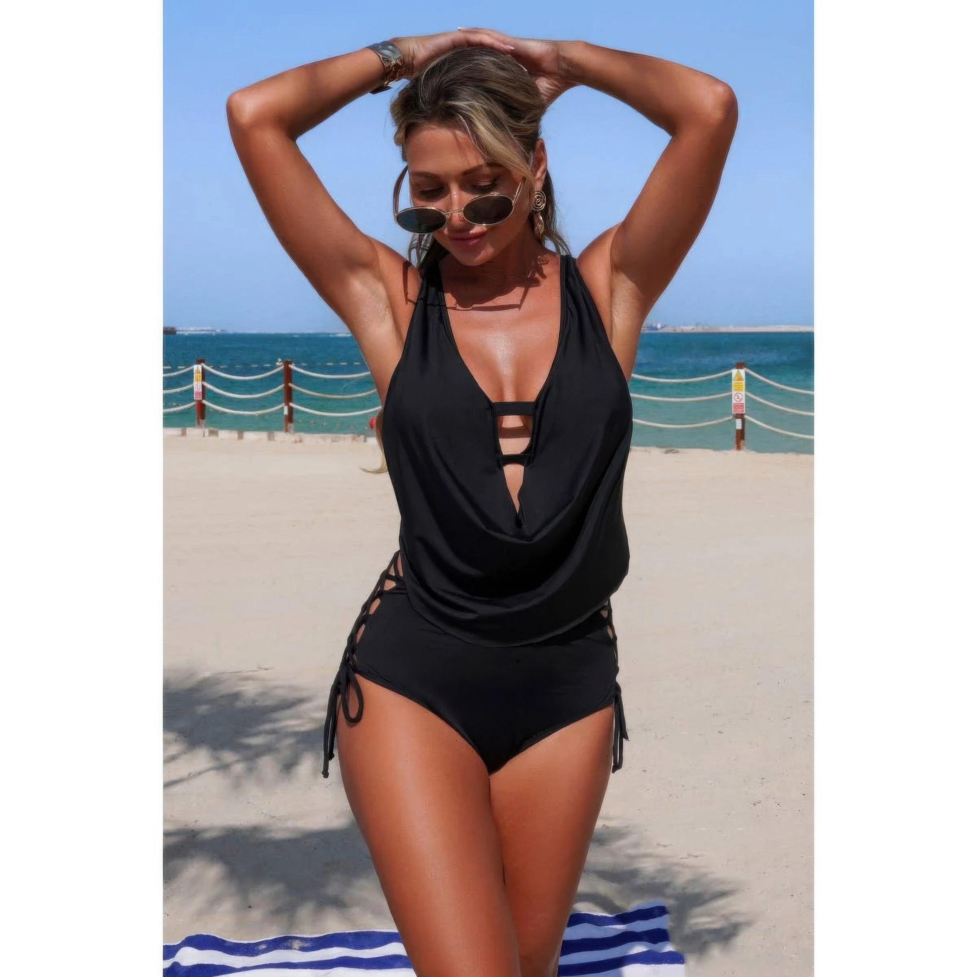 Two Piece Deep V Cowl Neck Cross Side Bikini  Shop One Place