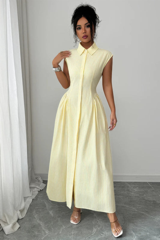 Front Slit Collar Cap Sleeve Ruched Waist Long Dress  Shop One Place