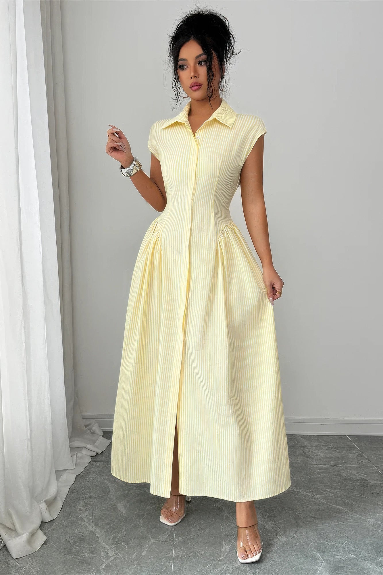 Front Slit Collar Cap Sleeve Ruched Waist Long Dress  Shop One Place