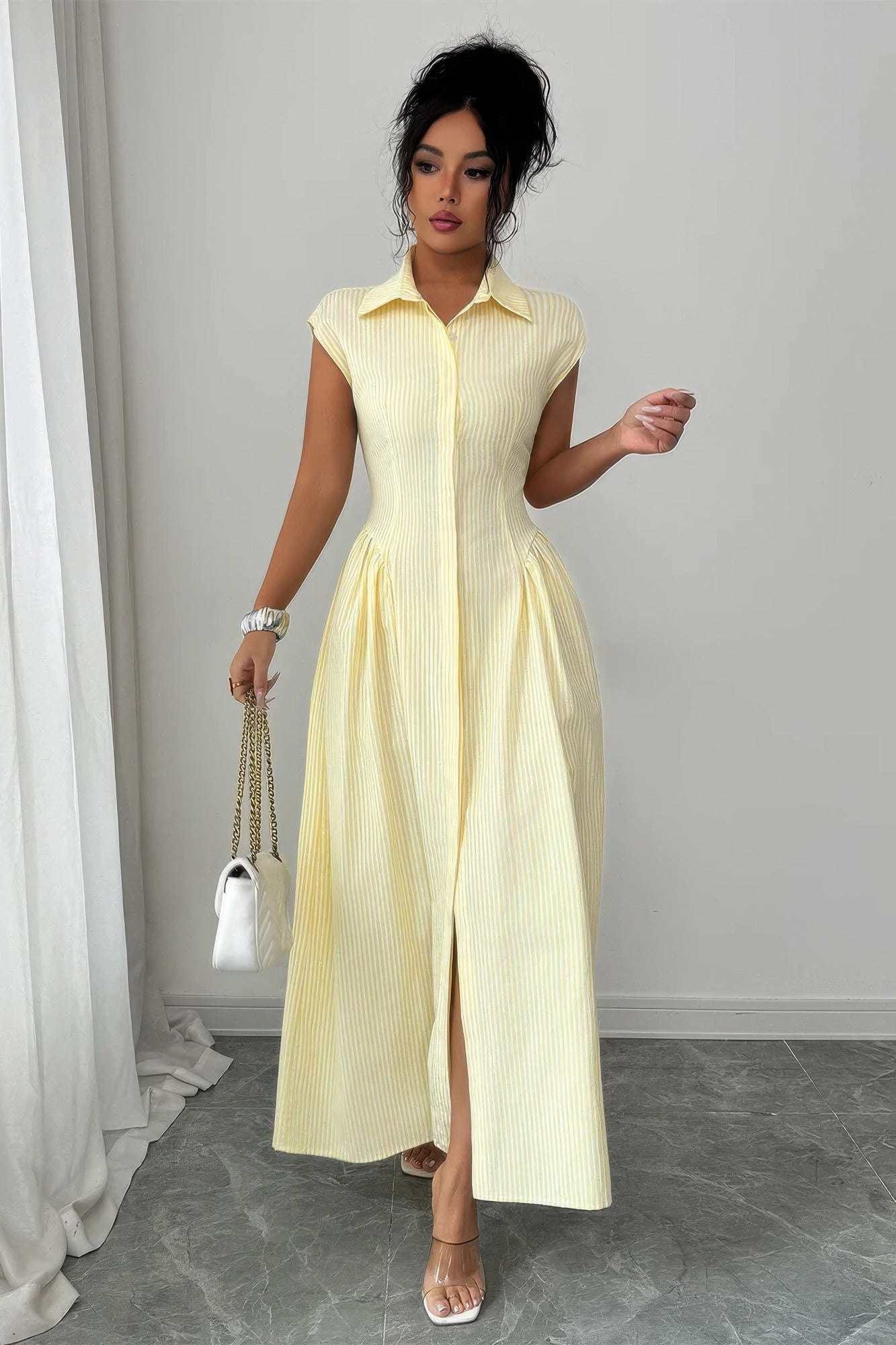 Front Slit Collar Cap Sleeve Ruched Waist Long Dress  Shop One Place