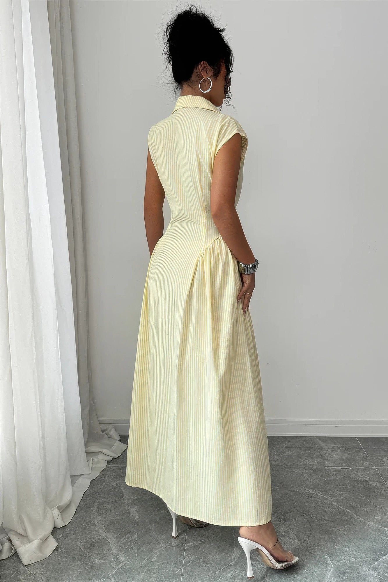 Front Slit Collar Cap Sleeve Ruched Waist Long Dress  Shop One Place