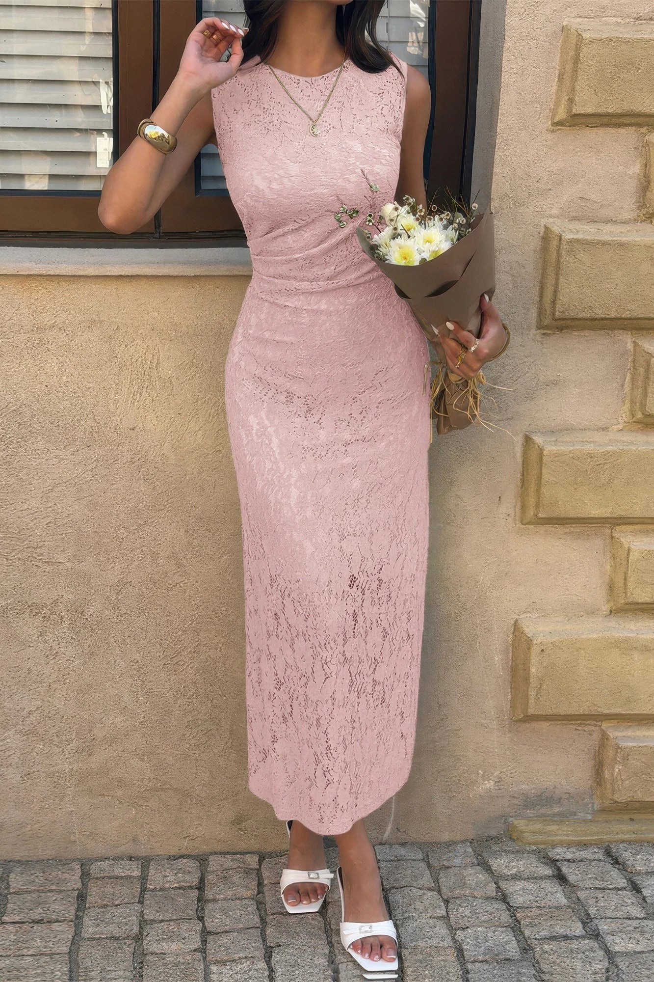 Solid Refined Cocktail Party Lace Midi Ruched Waist Dress  Shop One Place