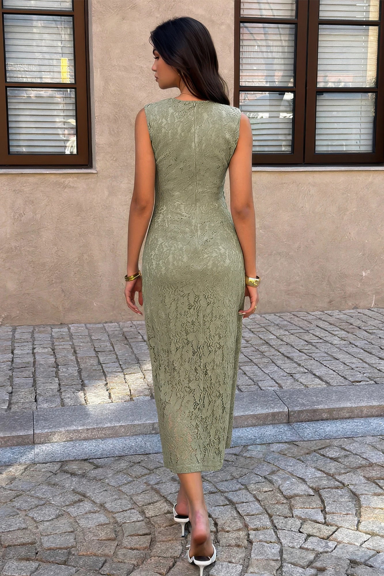 Solid Refined Cocktail Party Lace Midi Ruched Waist Dress  Shop One Place