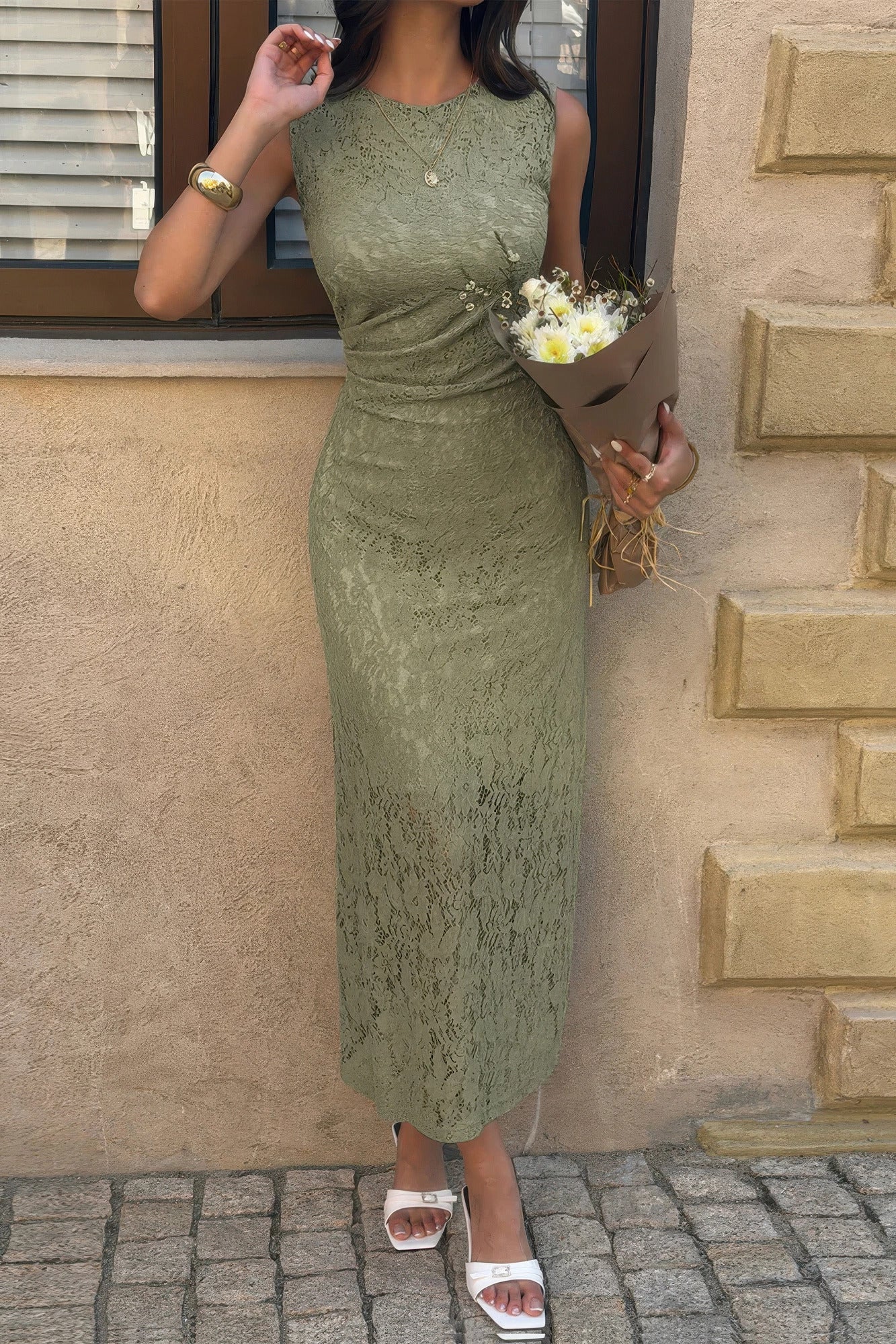 Solid Refined Cocktail Party Lace Midi Ruched Waist Dress  Shop One Place