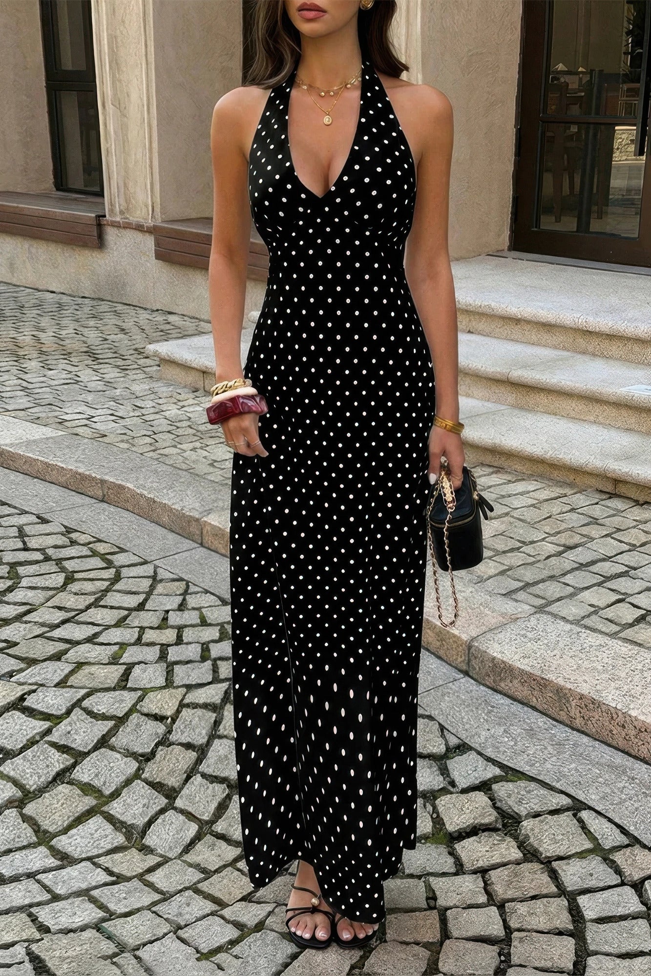Polkadot Halter Bodycon Sleeveless Long Dress  Shop One Place