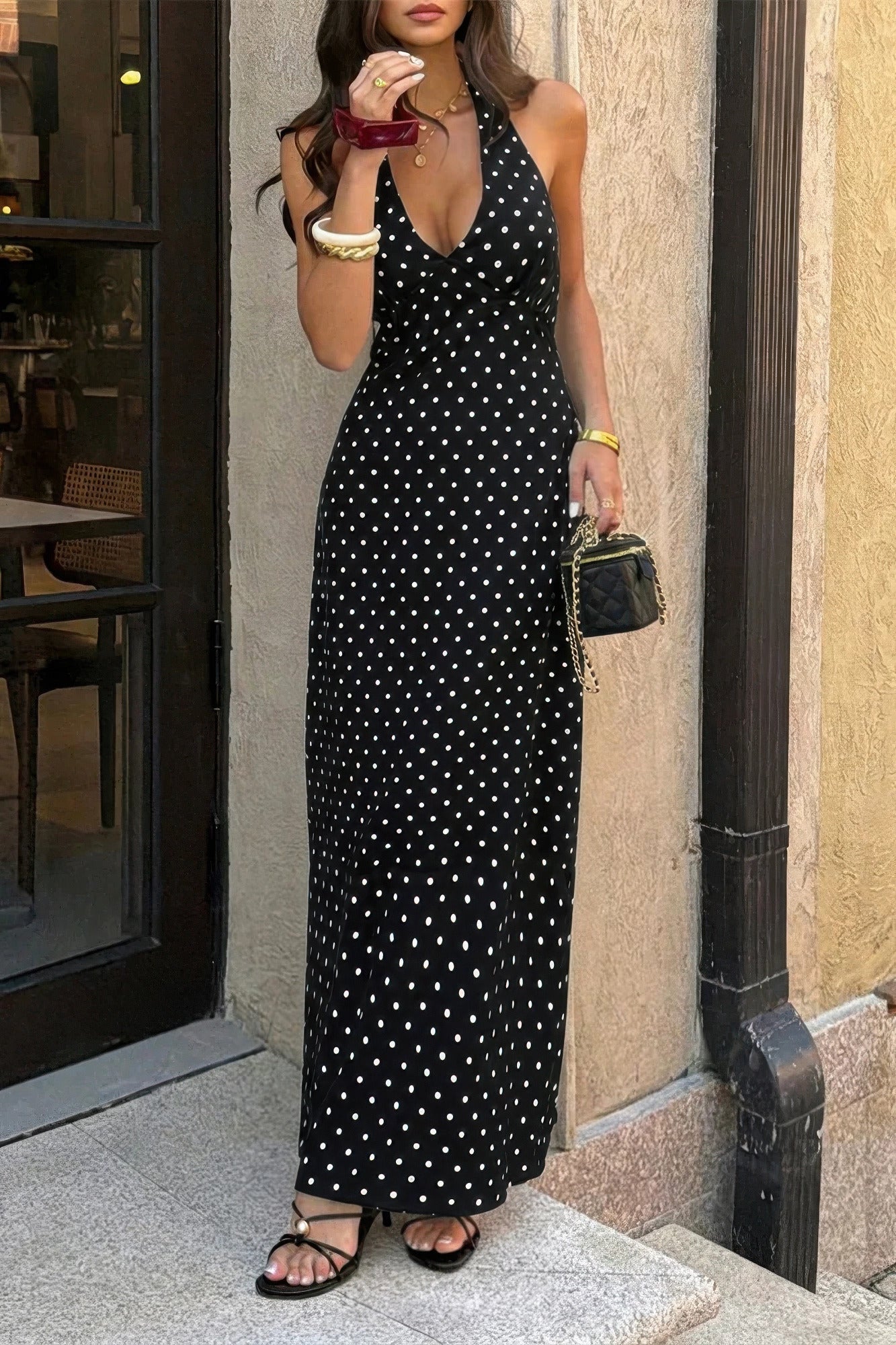 Polkadot Halter Bodycon Sleeveless Long Dress  Shop One Place