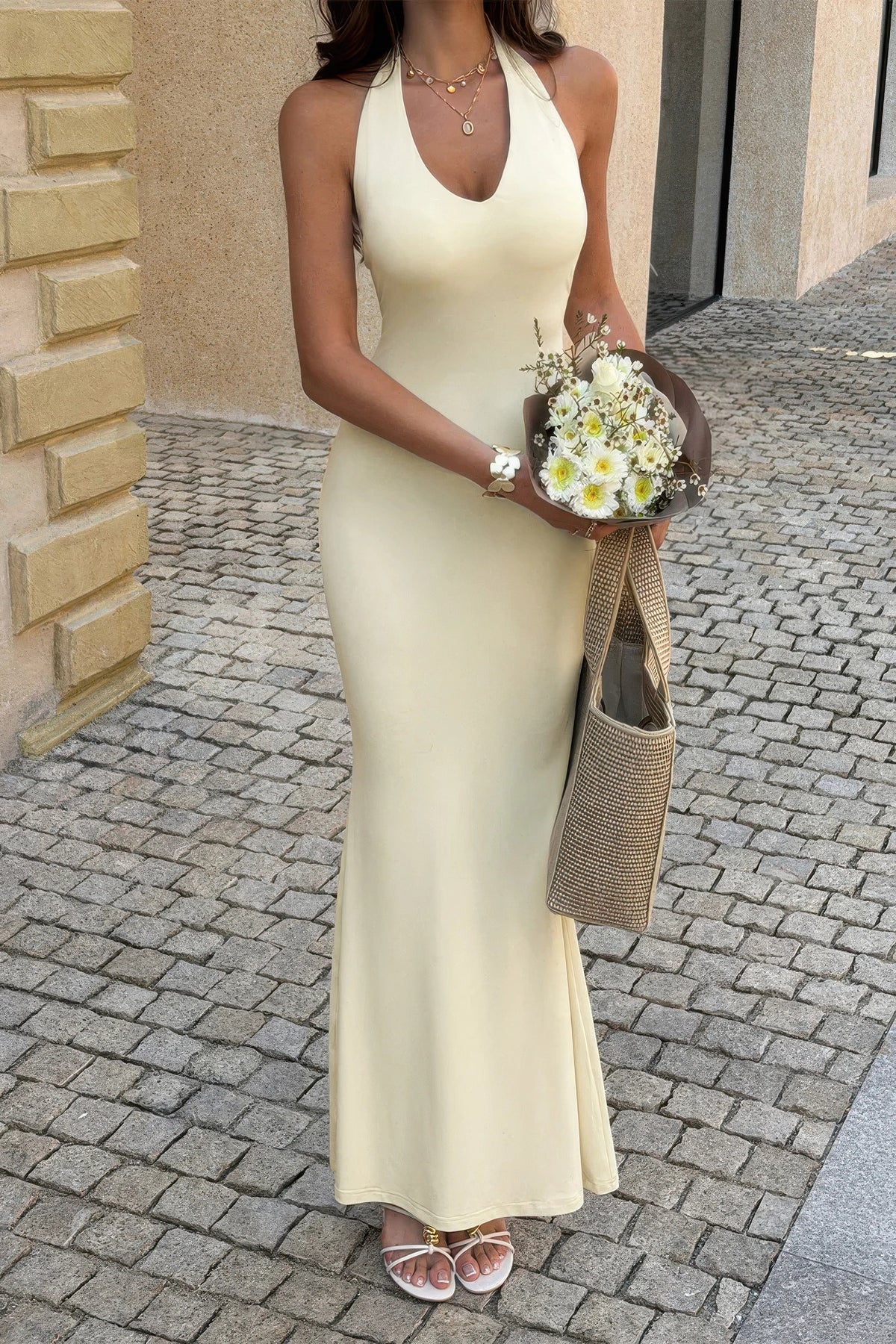 Solid V Neck Halter Maxi Back Split Dress  Shop One Place
