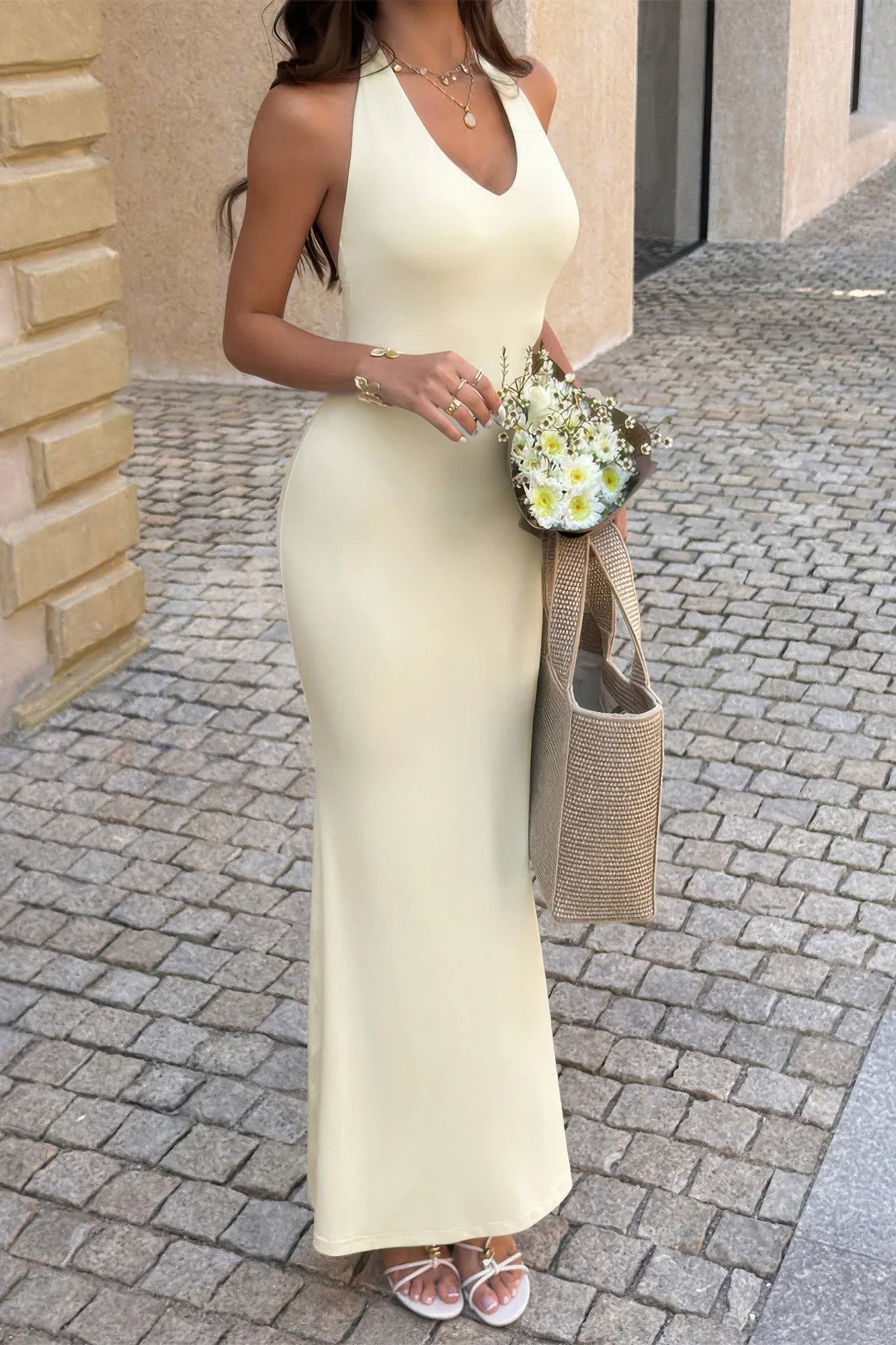 Solid V Neck Halter Maxi Back Split Dress  Shop One Place