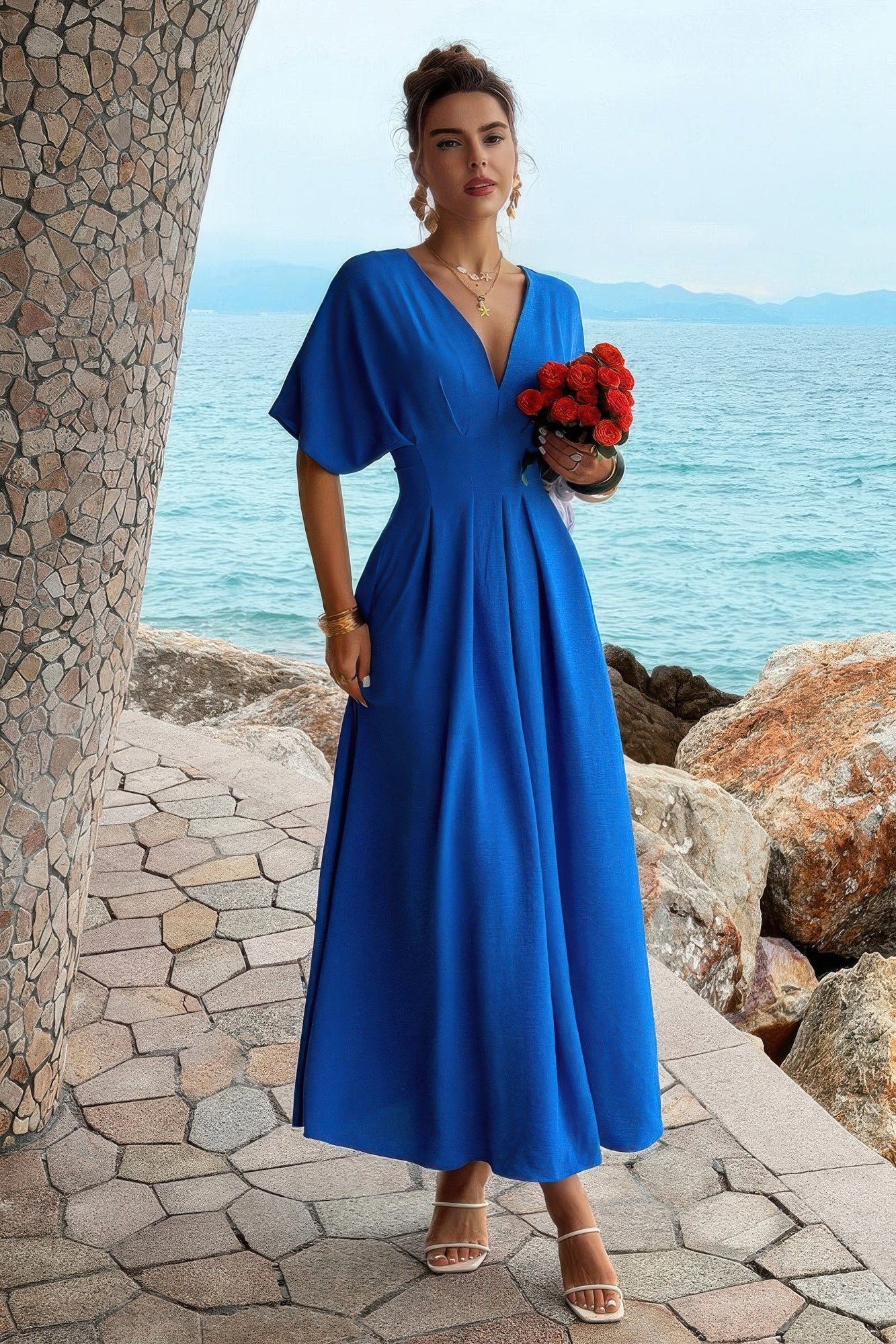Solid Pleated Batwing Sleeve A Line Full Dress  Shop One Place