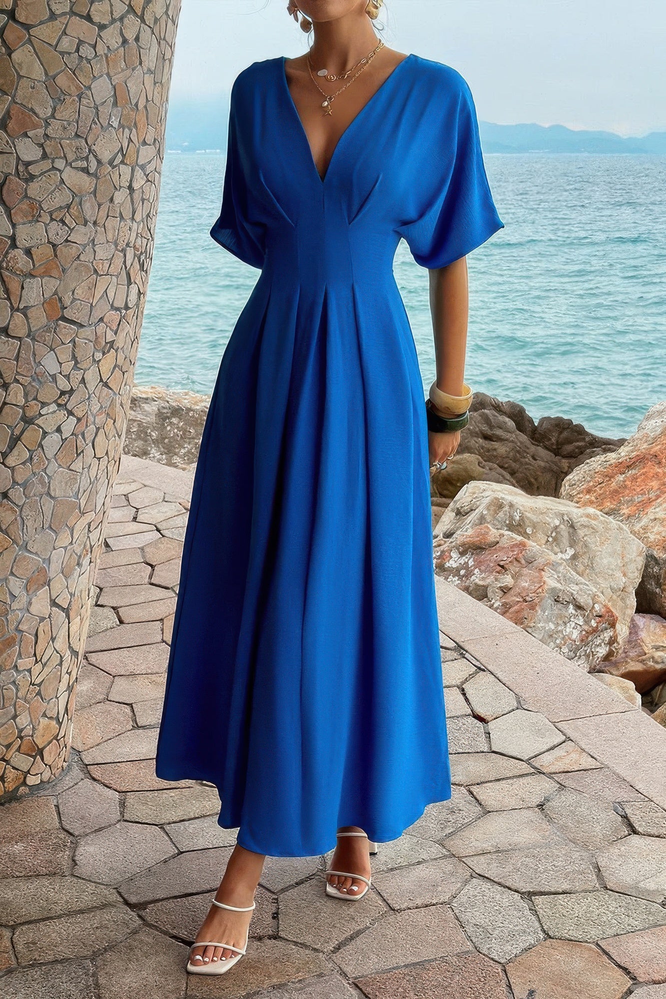Solid Pleated Batwing Sleeve A Line Full Dress  Shop One Place