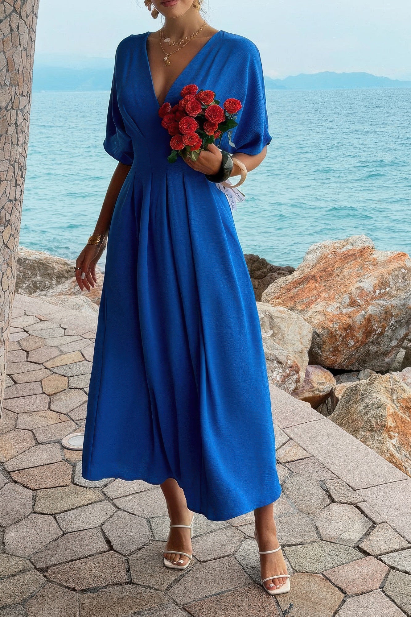 Solid Pleated Batwing Sleeve A Line Full Dress  Shop One Place