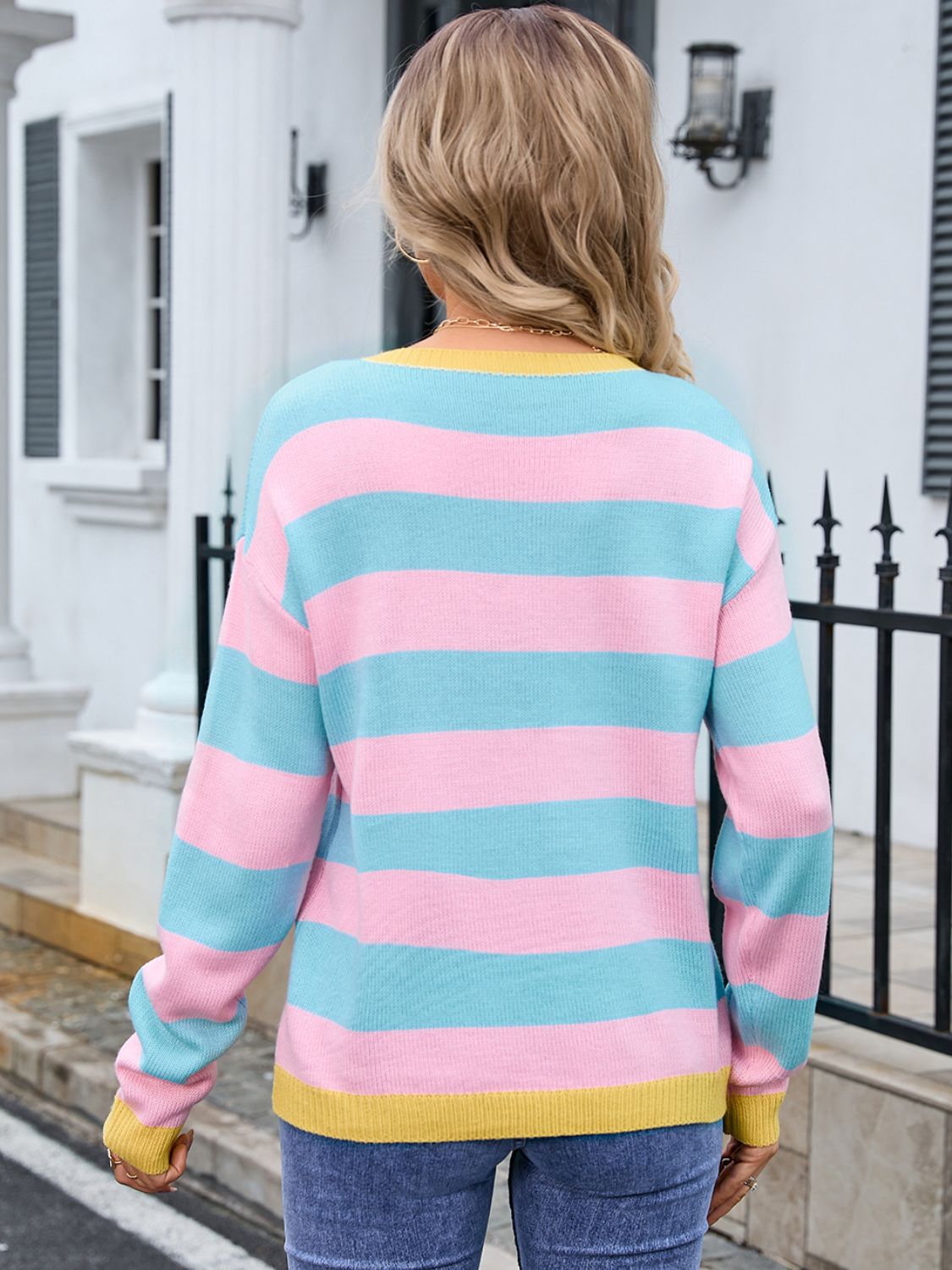 Angel Wings Striped Round Neck Dropped Shoulder Sweater  Shop One Place