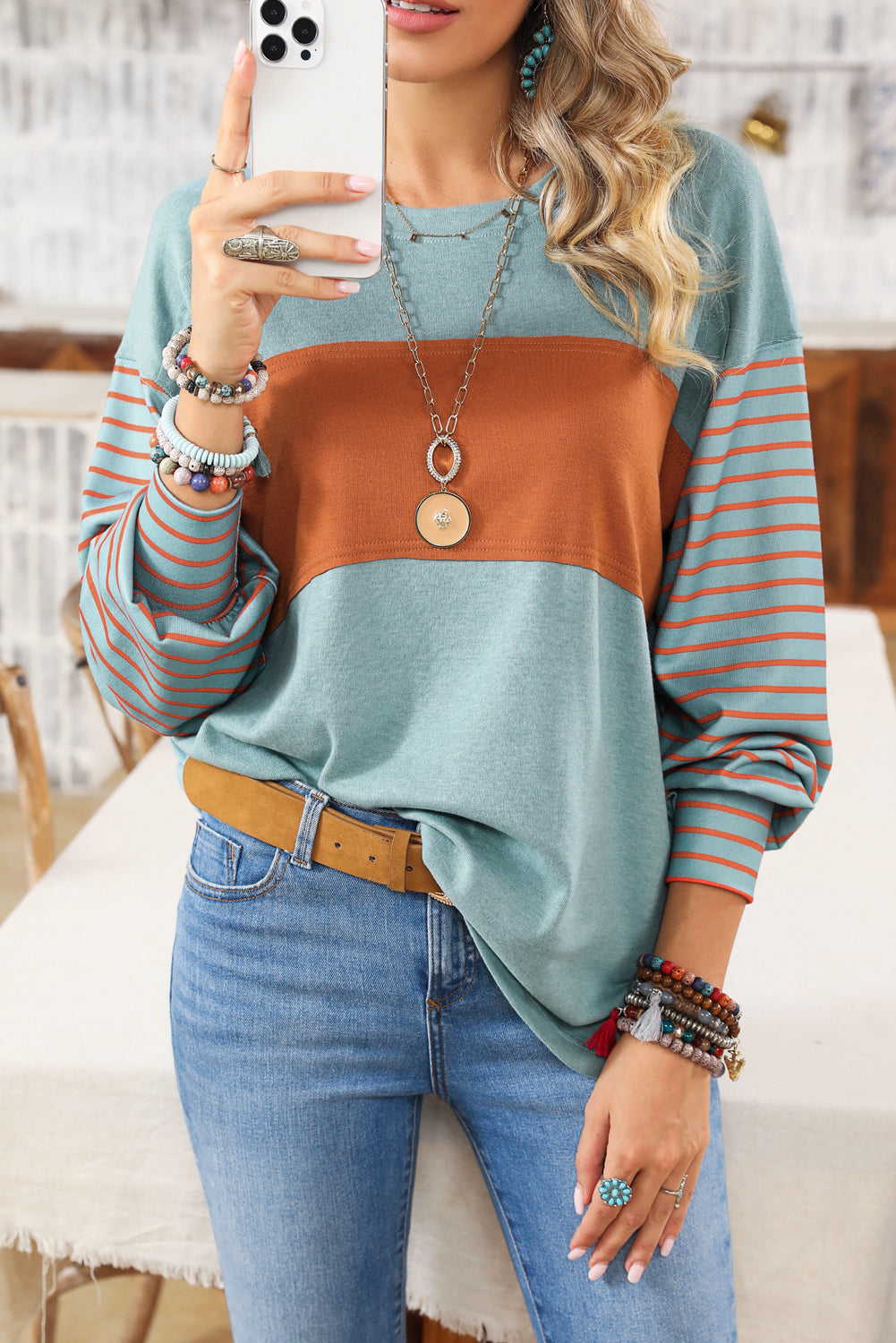 Colorblock Striped Bishop Sleeve Top  Shop One Place