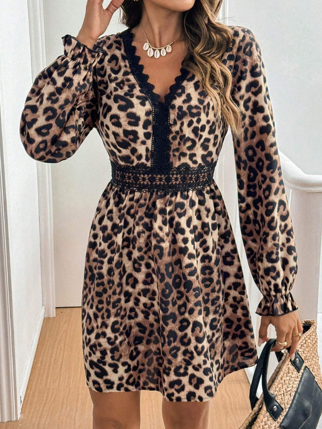 Lace Detail Leopard Flounce Sleeve Mini Dress  Shop One Place