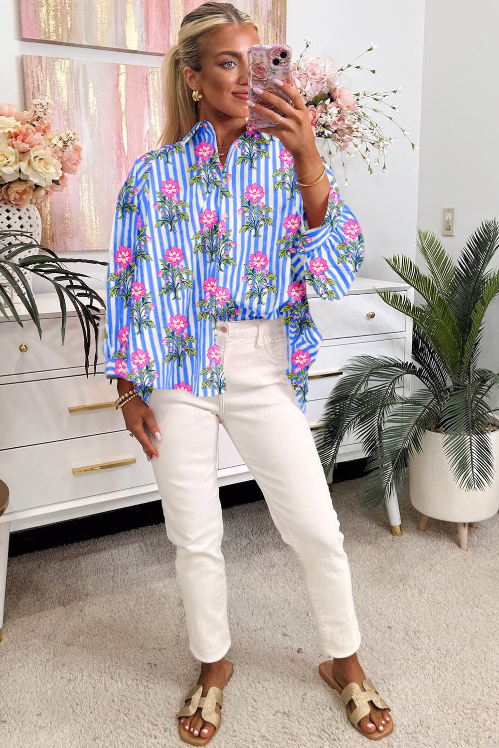 Blue Striped Floral Print Loose Fit Shirt  Shop One Place