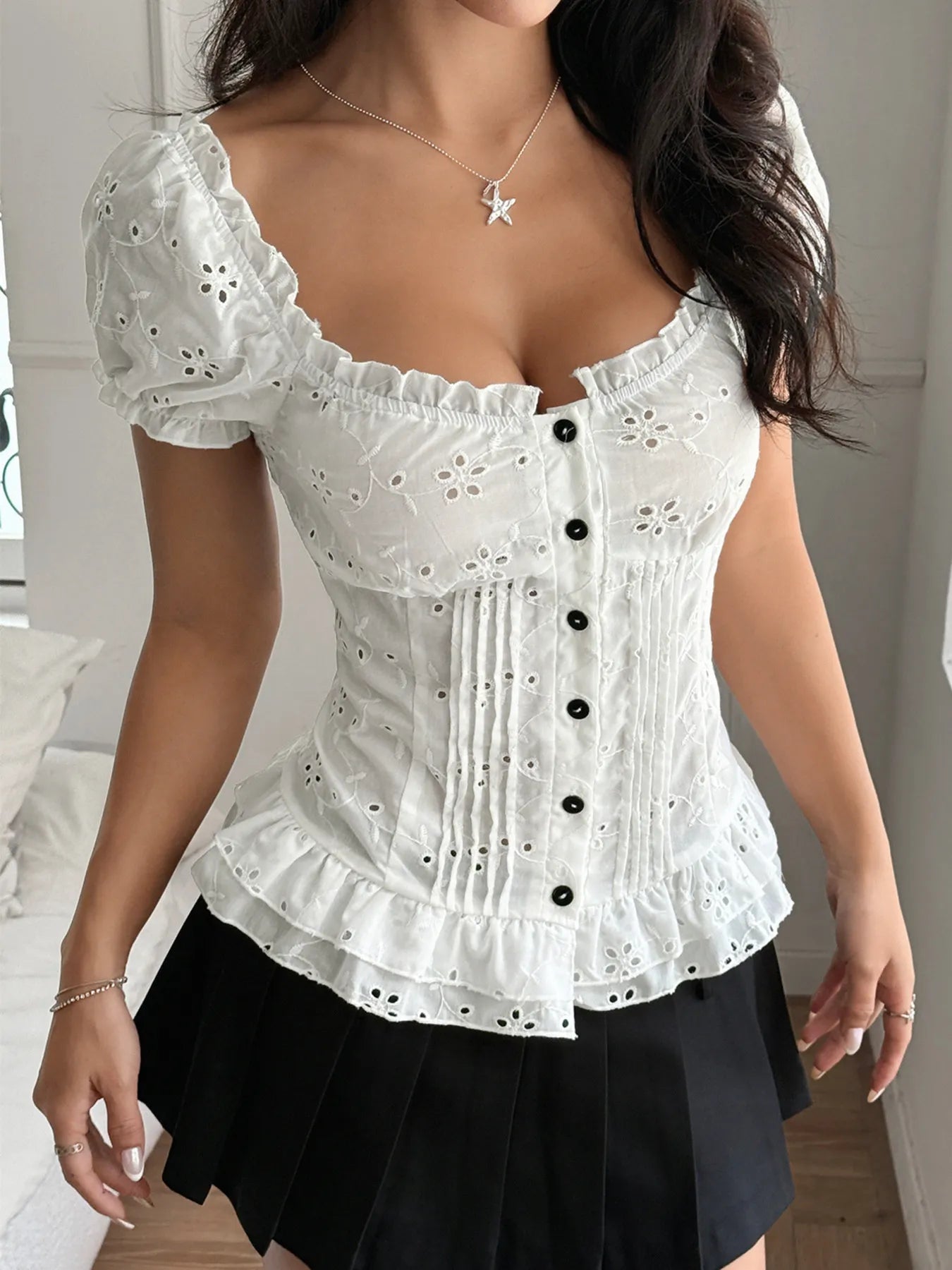 Eyelet Lace Short Sleeve Blouse  Shop One Place