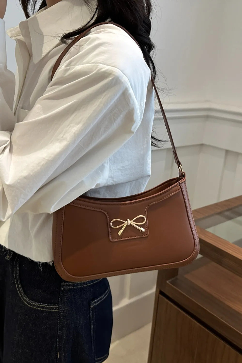 Bow Trim PU Leather Shoulder Bag  Shop One Place