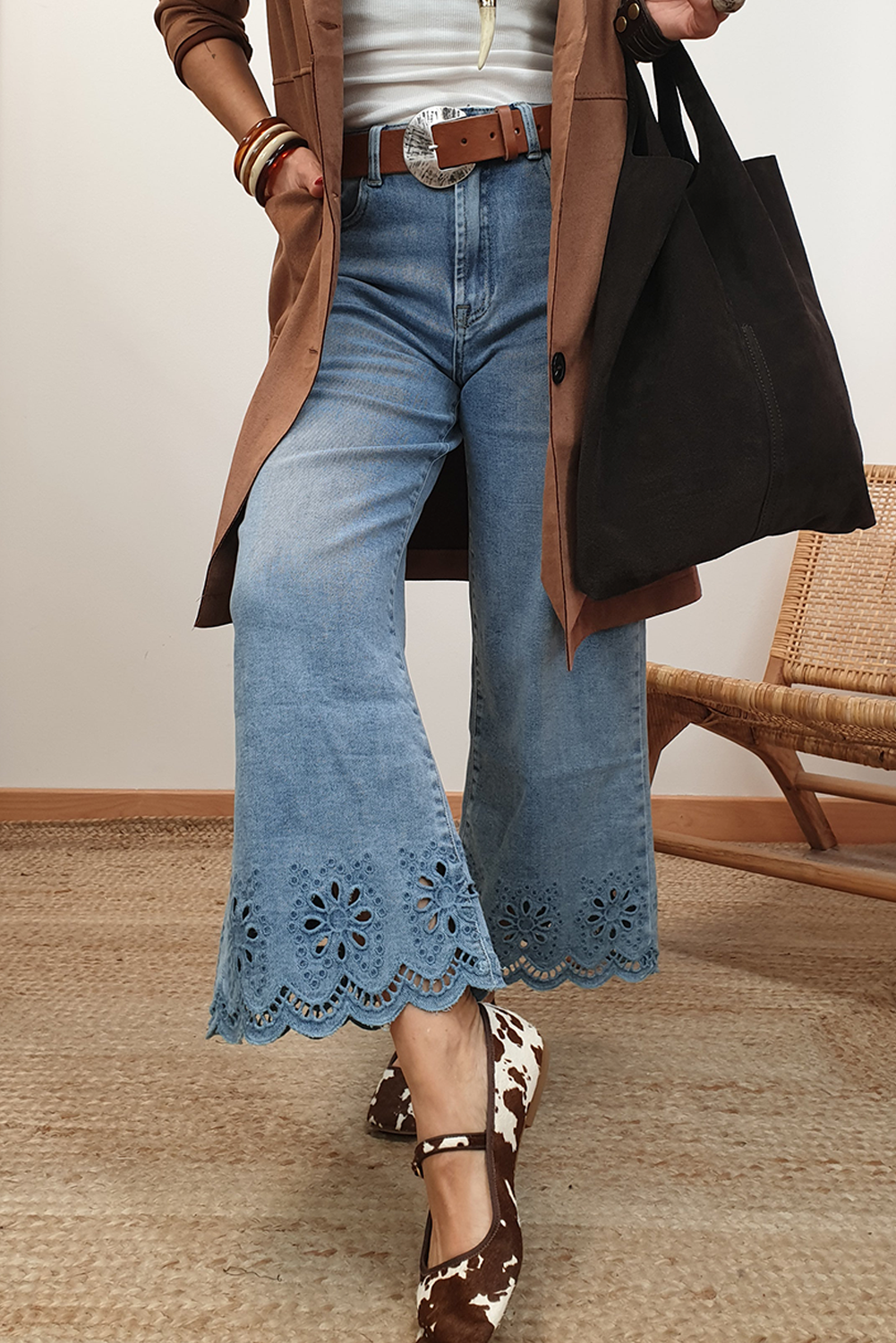 Dusk Blue Embroidered Cropped Wide Leg High Waist Jeans  Shop One Place
