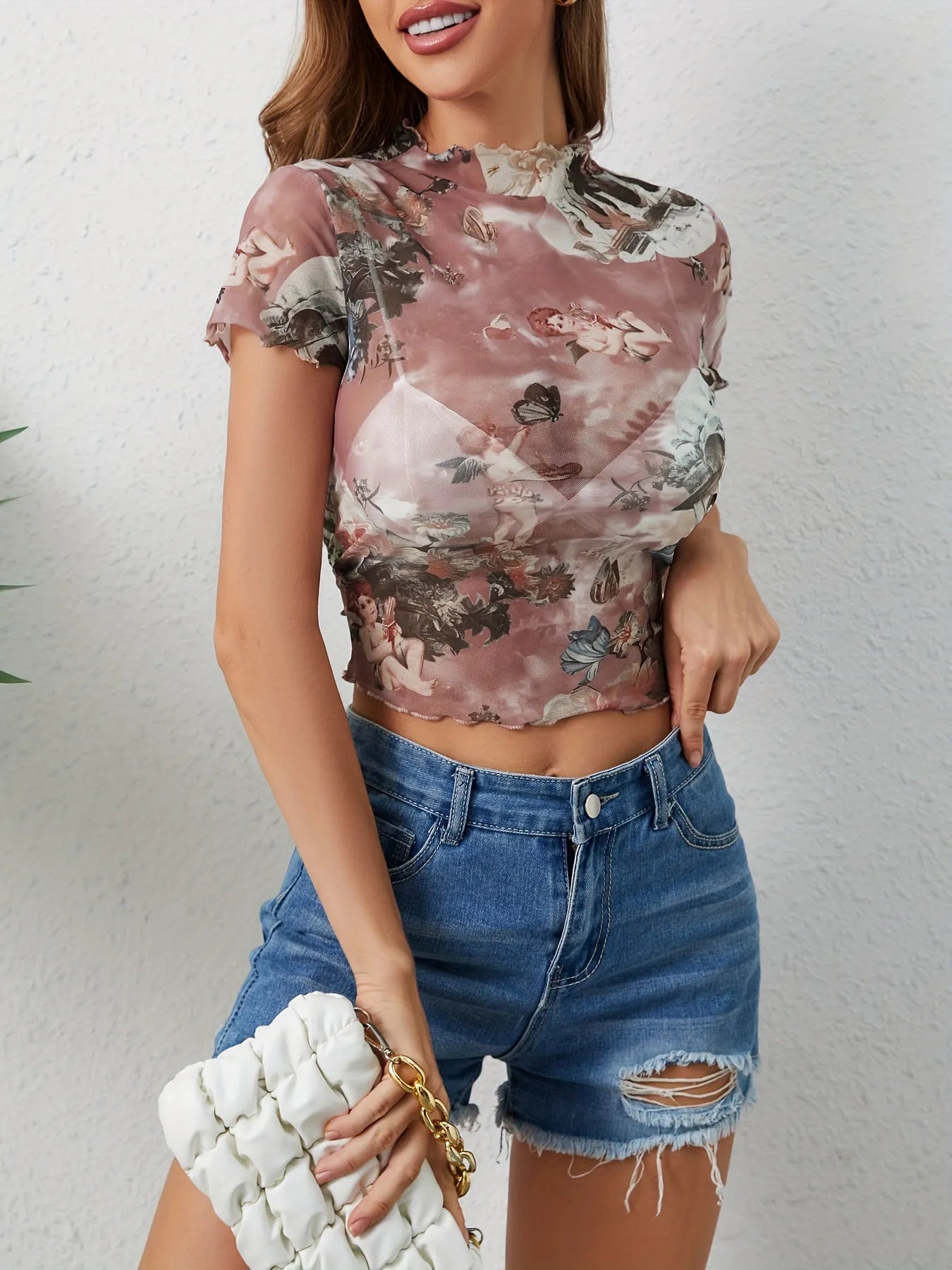 Abstract Print Ruffled Mock Neck Crop T-Shirt  Shop One Place