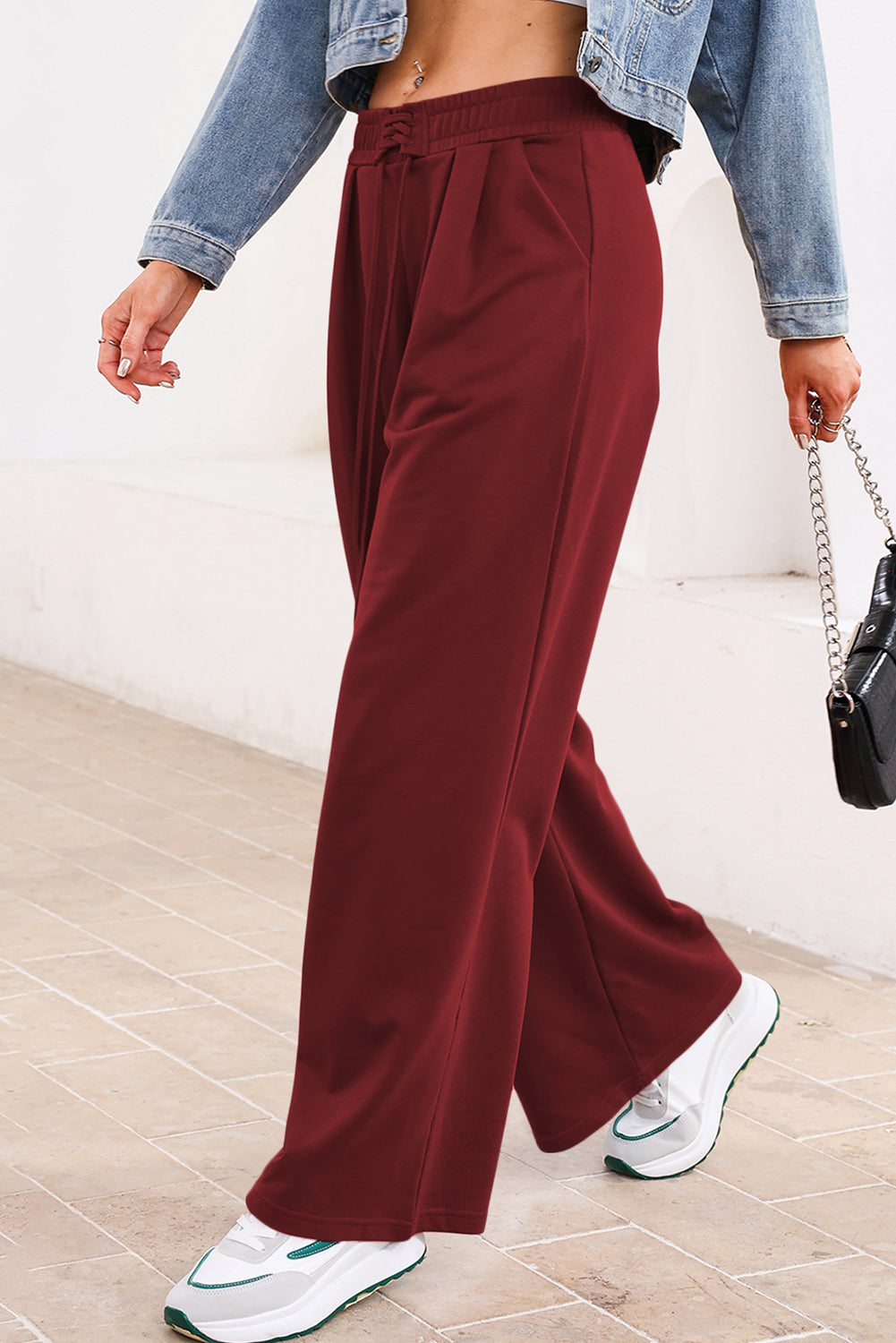 Tied Elastic High Waist Pleated Detail Solid Sweatpants