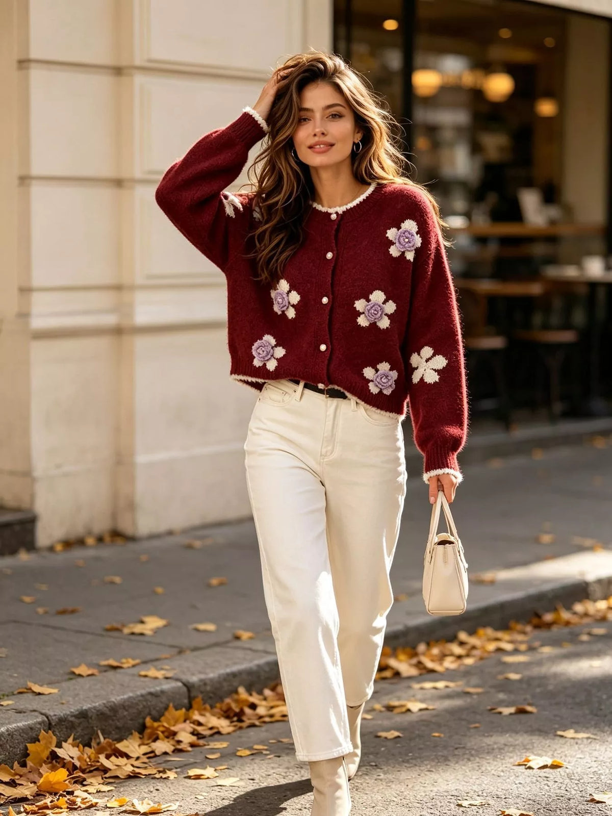 Floral Applique Button-Down Knit Cardigan  Shop One Place