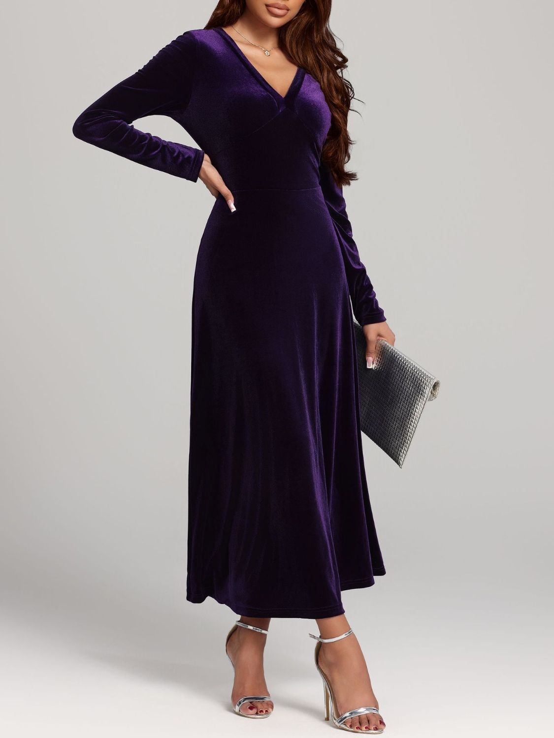 V-Neck Long Sleeve Velvet Dress  Shop One Place