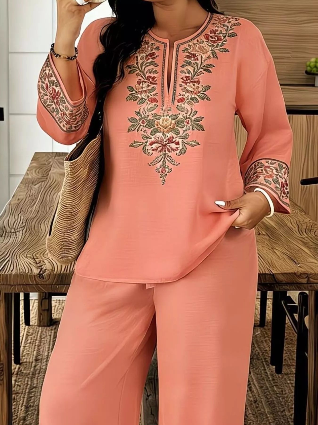 Full Size Embroidered Long Sleeve Top and Pants Set Plus Size  Shop One Place