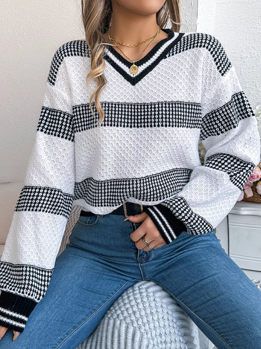 Contrast Striped V-Neck Sweater  Shop One Place