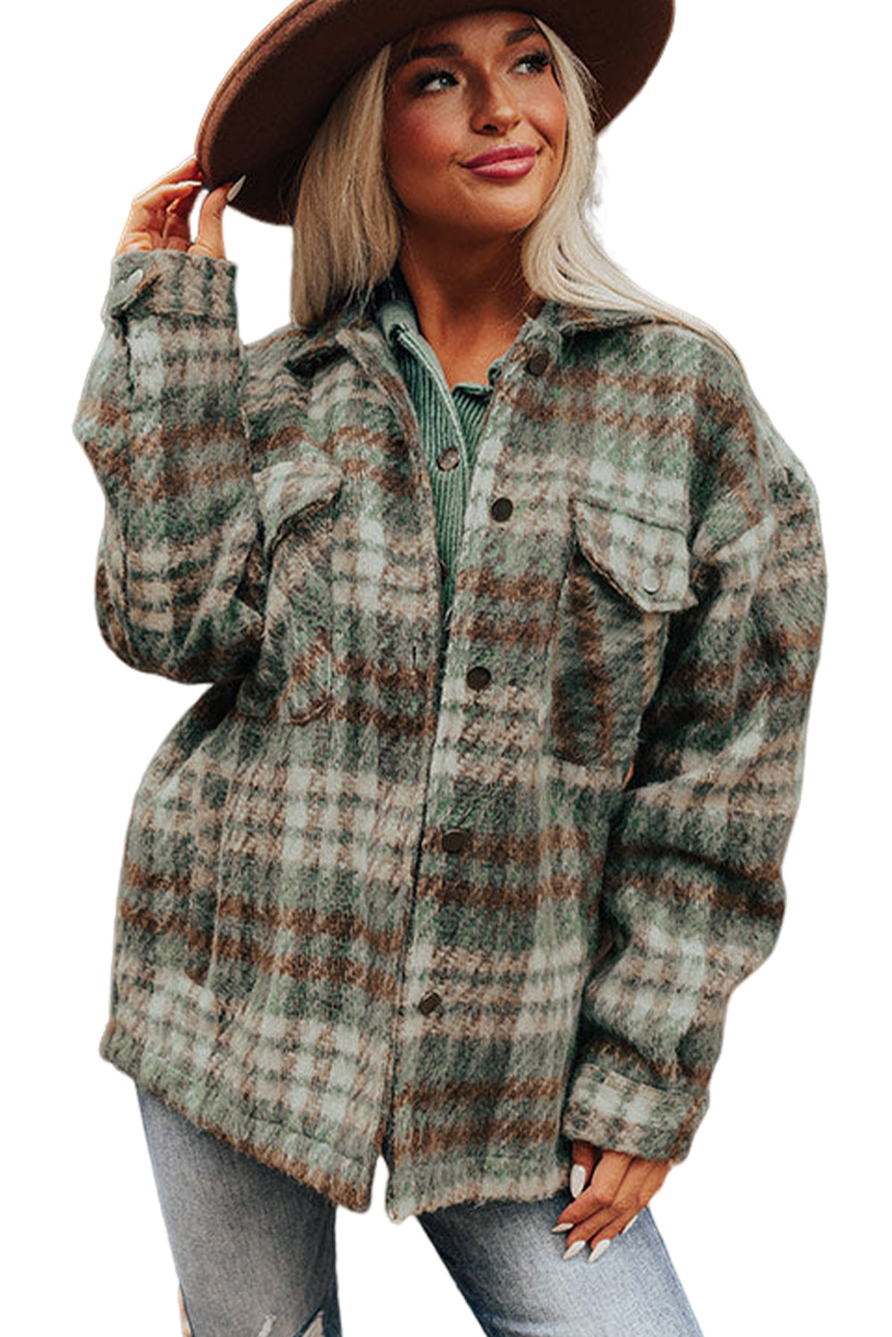 Mist Green Plaid Print Chest Pockets Turn Down Collar Shacket