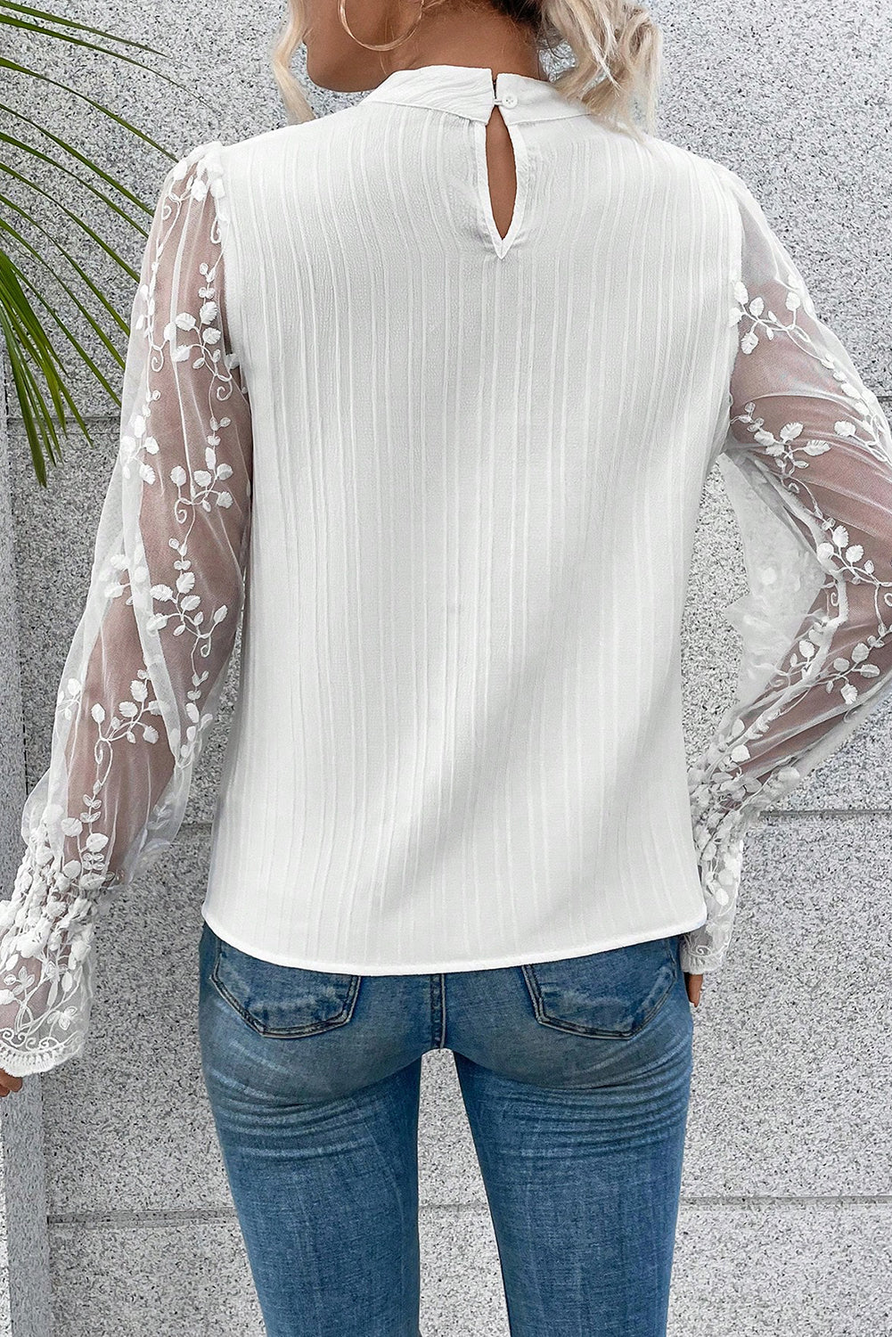 White Textured Contrast Lace Sleeve Mock Neck Blouse